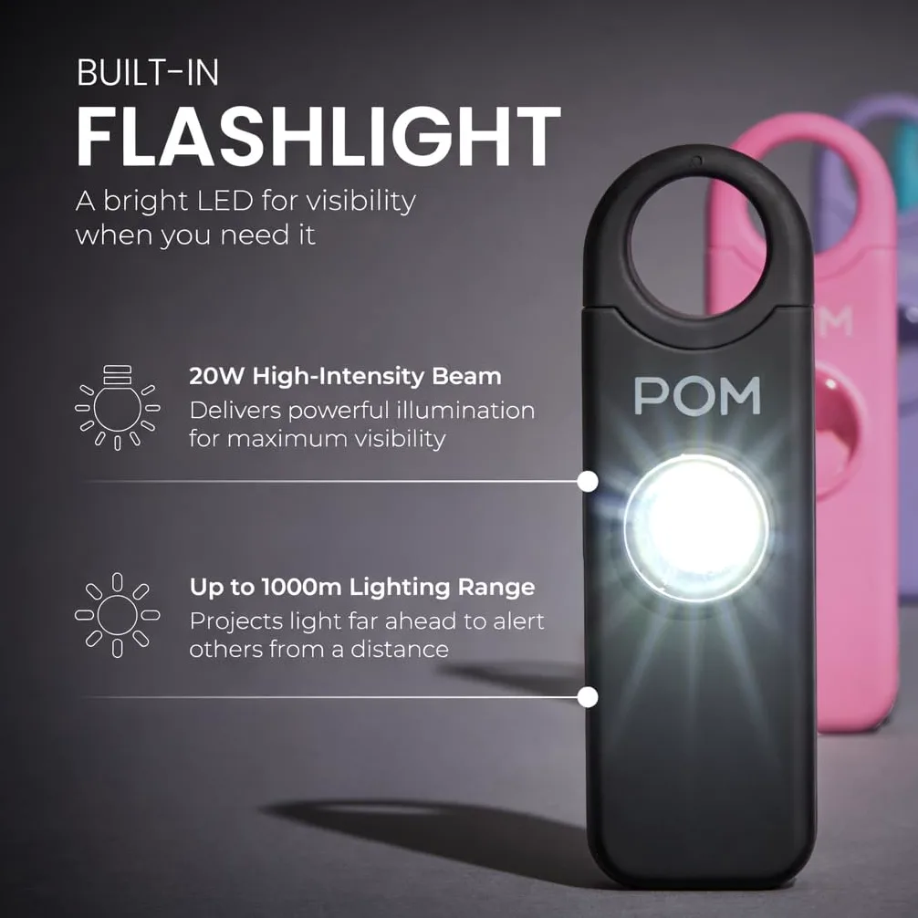 POM Allarme di sicurezza personale da donna, sirena di emergenza forte da 130 dB, ricaricabile con USB-C con torcia LED luminosa, design portatile portachiavi per autodifesa, borsa, zaino e viaggio