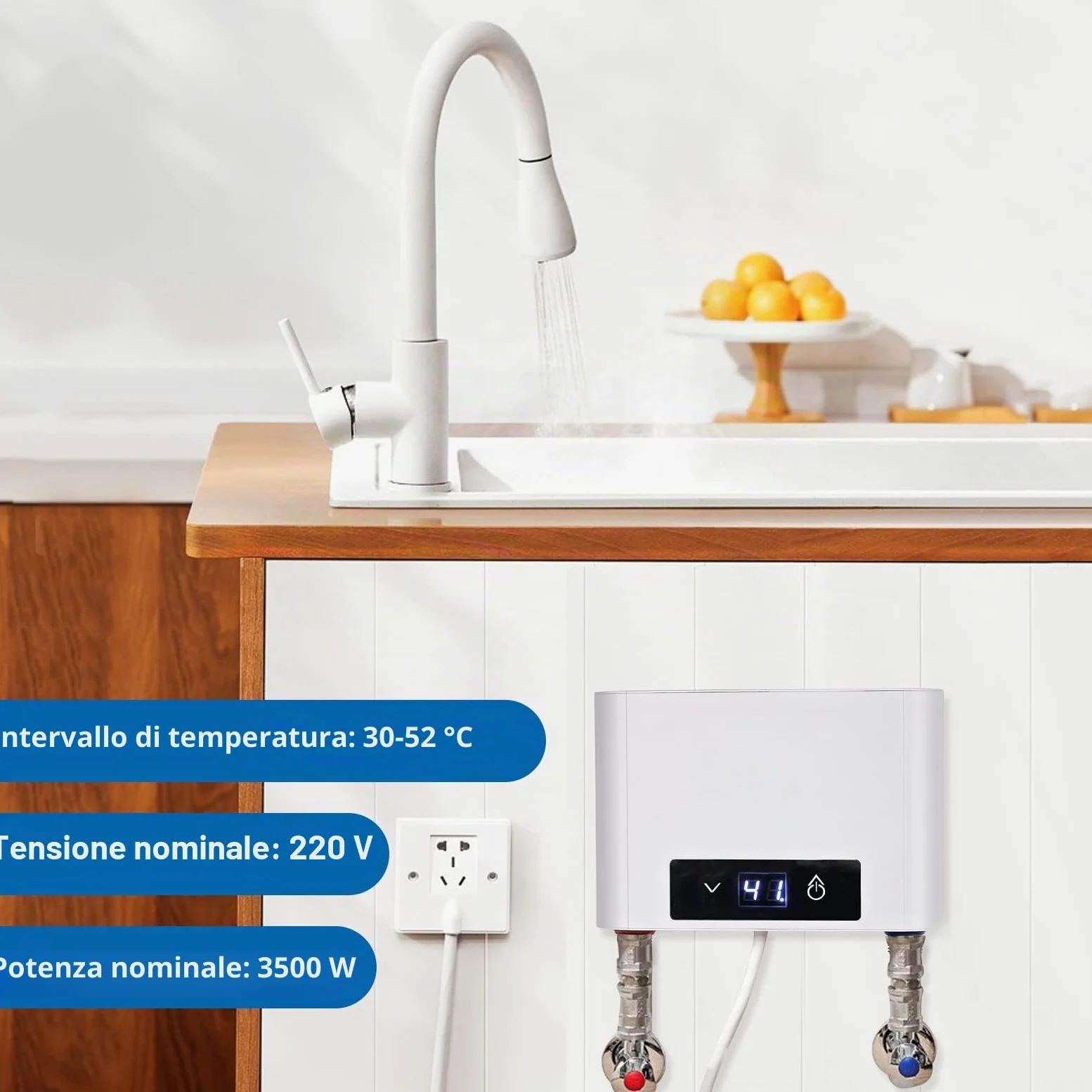 Mini Scaldacqua Elettrico Istantaneo Senza Serbatoio, Mini Scaldabagno Elettrico Istantaneo per Bagno Cucina, LED Display Grande (Bianco, 3500W senza Set Doccia)