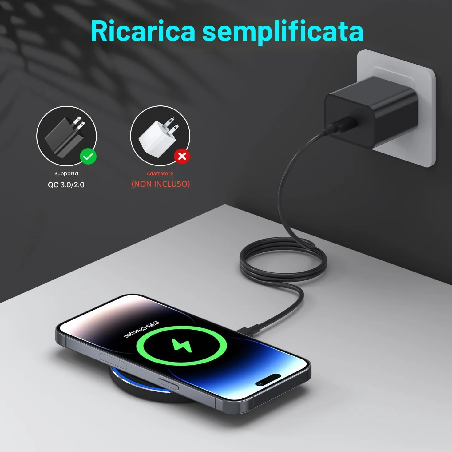 Caricatore Wireless Charger, 20W Max Caricatore Senza Fili Portatile Rapida Caricabatterie Wireless per Apple iPhone 16/15/14/13/12/11/SE/X/8, Caricatore per Samsung Galaxy S23 S22 S21, Pixel, Huawei