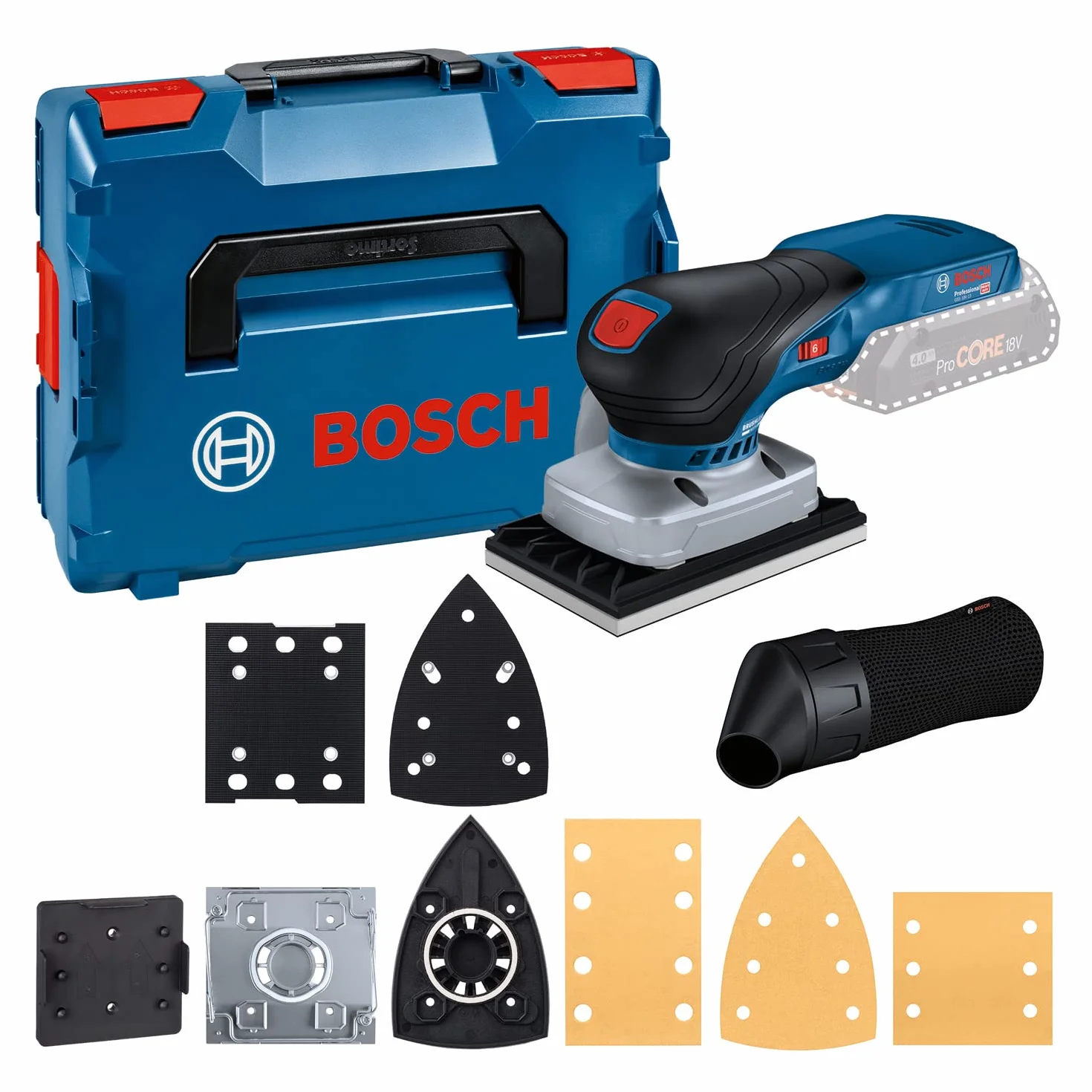 Bosch Professional 18V System Levigatrice orbitale a batteria GSS 18V-13 (motore brushless, sacchetto raccoglipol.,3 piastre abrasive,3 fogli abrasivi, piastra foracarta, L-BOXX, senza batt./caricab.)