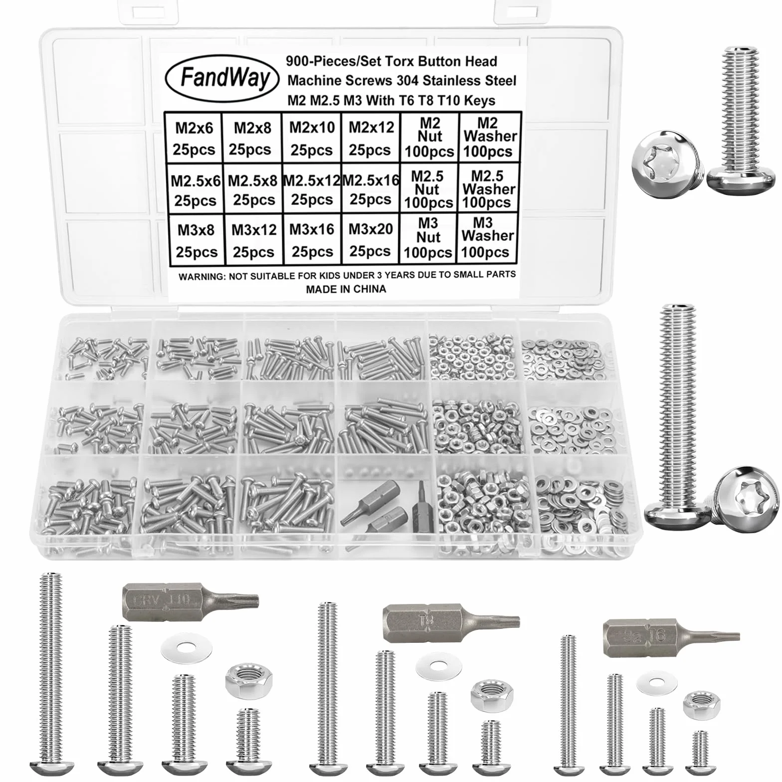 Viti per Metallo Torx M2 M2.5 M3, 900 Pezzi Acciaio Inox 304, Bulloni e Dadi