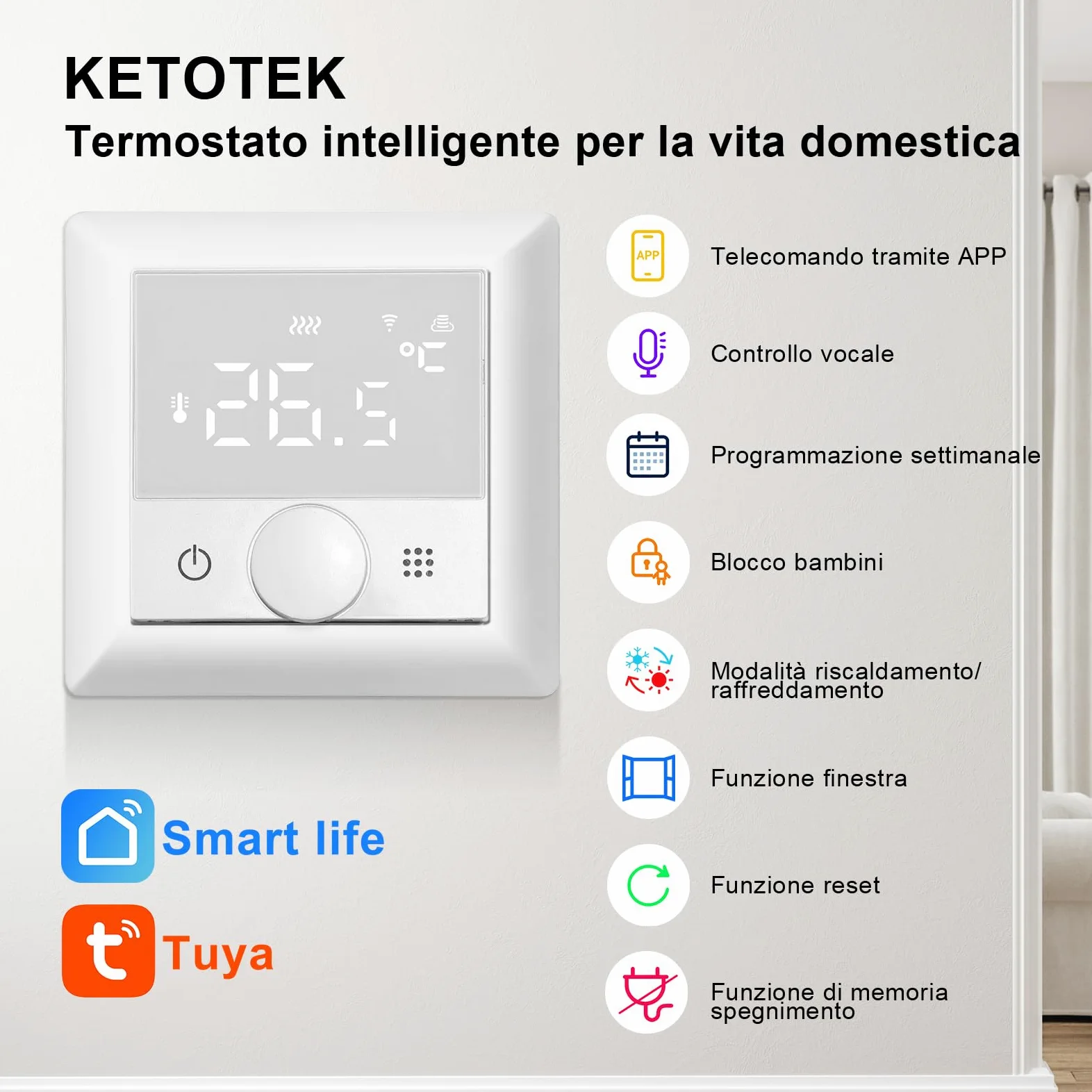 KETOTEK Termostato Digitale Smart per Riscaldamento a Pavimento Elettrico, Cronotermostato WiFi Programmabile 16A, Termostato Ambiente con Sonda, Compatibile con Alexa Comando Vocale