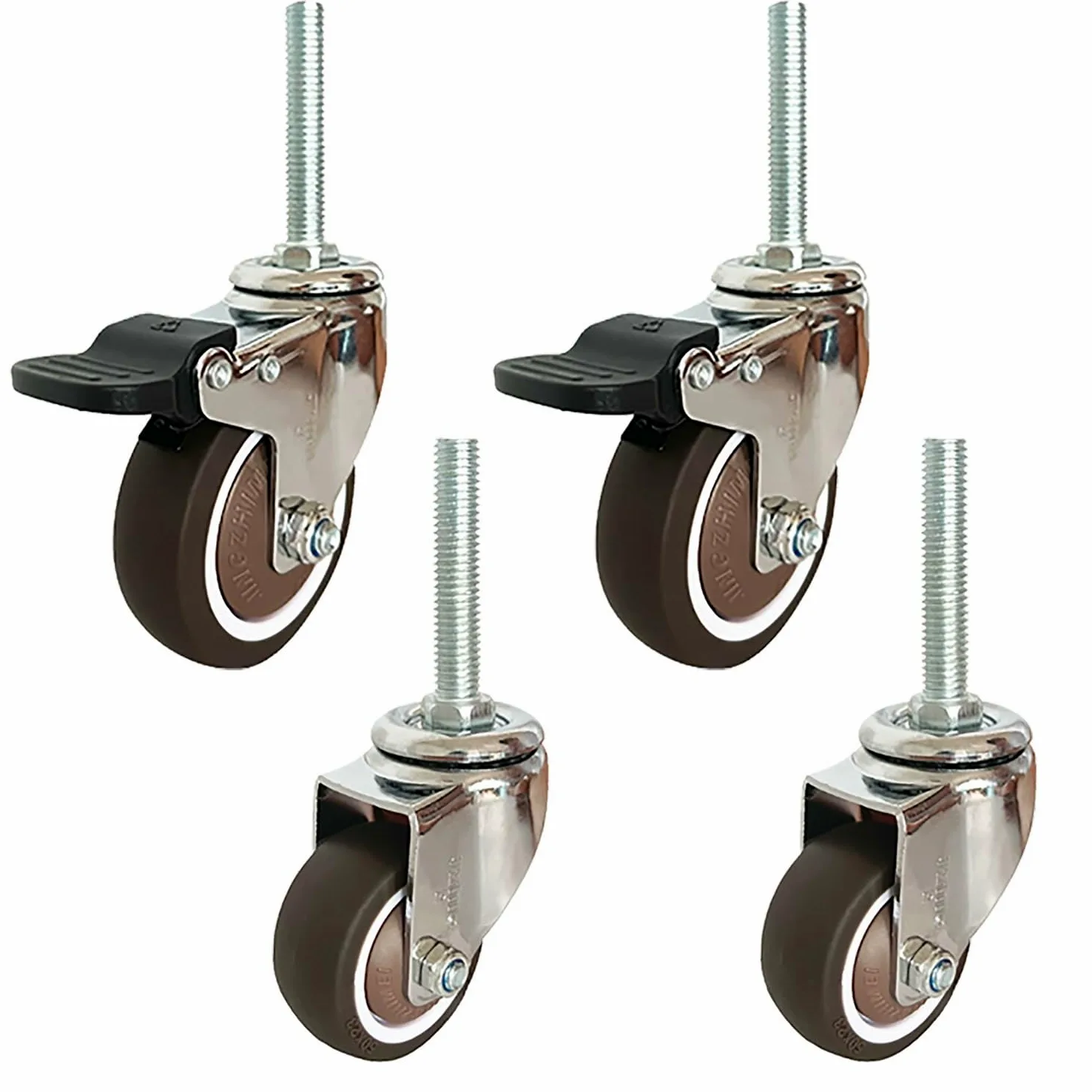 2 Pollice Silenzioso Ruote con Freno, M12*60mm Perno filettato di 4, Gomma Ruote per Mobili/Carrello, Carico 290lbs(2girevole+2con Freno,50mm)