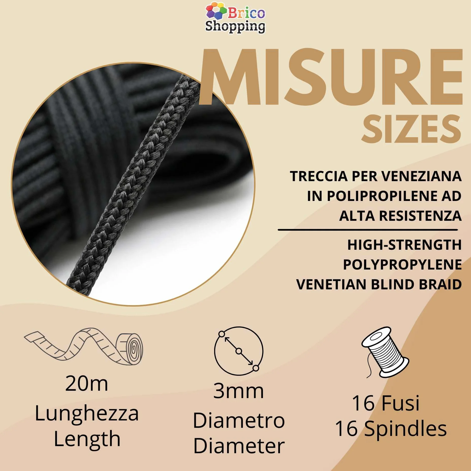 BricoShopping Corda per Tende Veneziane 3mm 20mt Resistente Anti UV Multiuso Cordino Ideale per Binario Tenda Bricolage Treccia Nautica Giardinaggio Campeggio Scooby-Doo Merceria Scubidu (Nera)