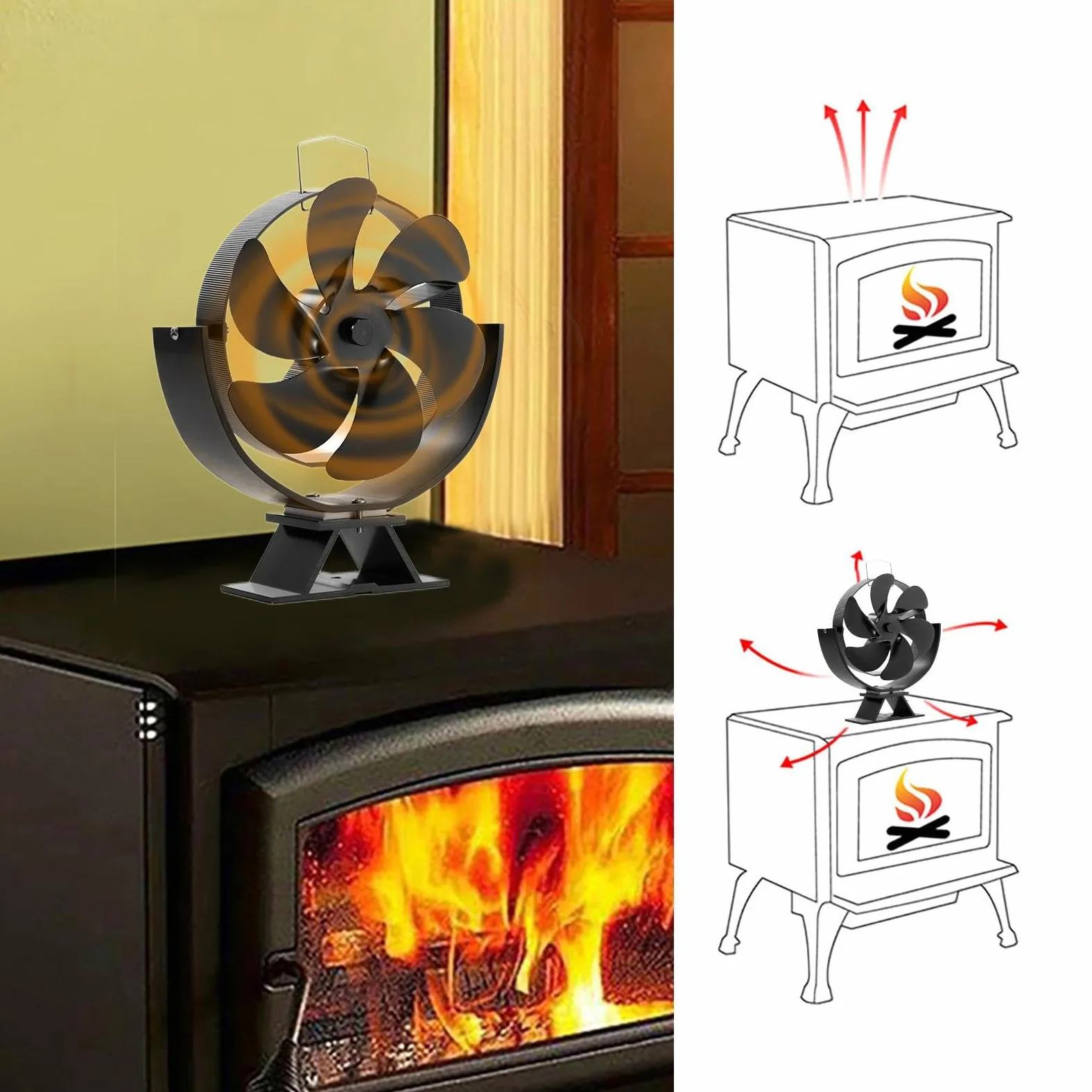Ventilatore per stufa a legna, robusto ventilatore di circolazione 'aria | calda, girevole a 360 gradi, distribuzione efficiente del calore, riscaldato, silenzioso, alimentato a calore, 6