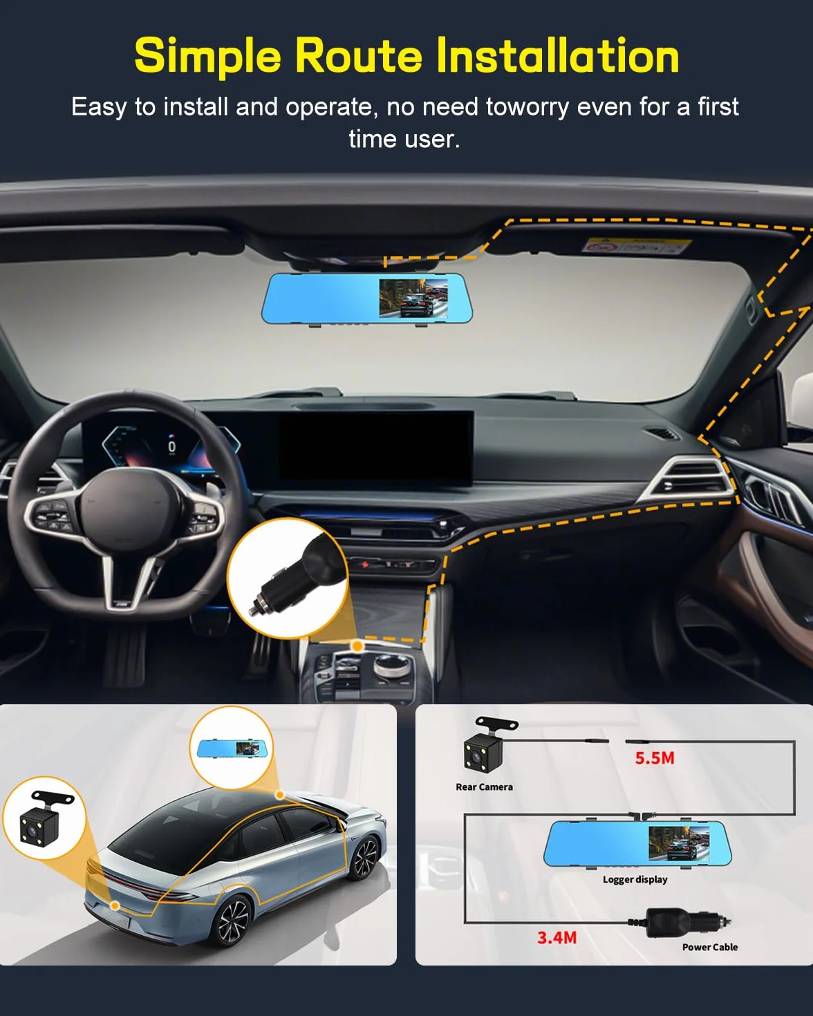 NHOPEEW 1080P Dash Cam con schermo da 4,5 pollici, telecamera anteriore e posteriore, registrazione in loop, linee guida per il parcheggio, visione notturna + scheda da 32 GB