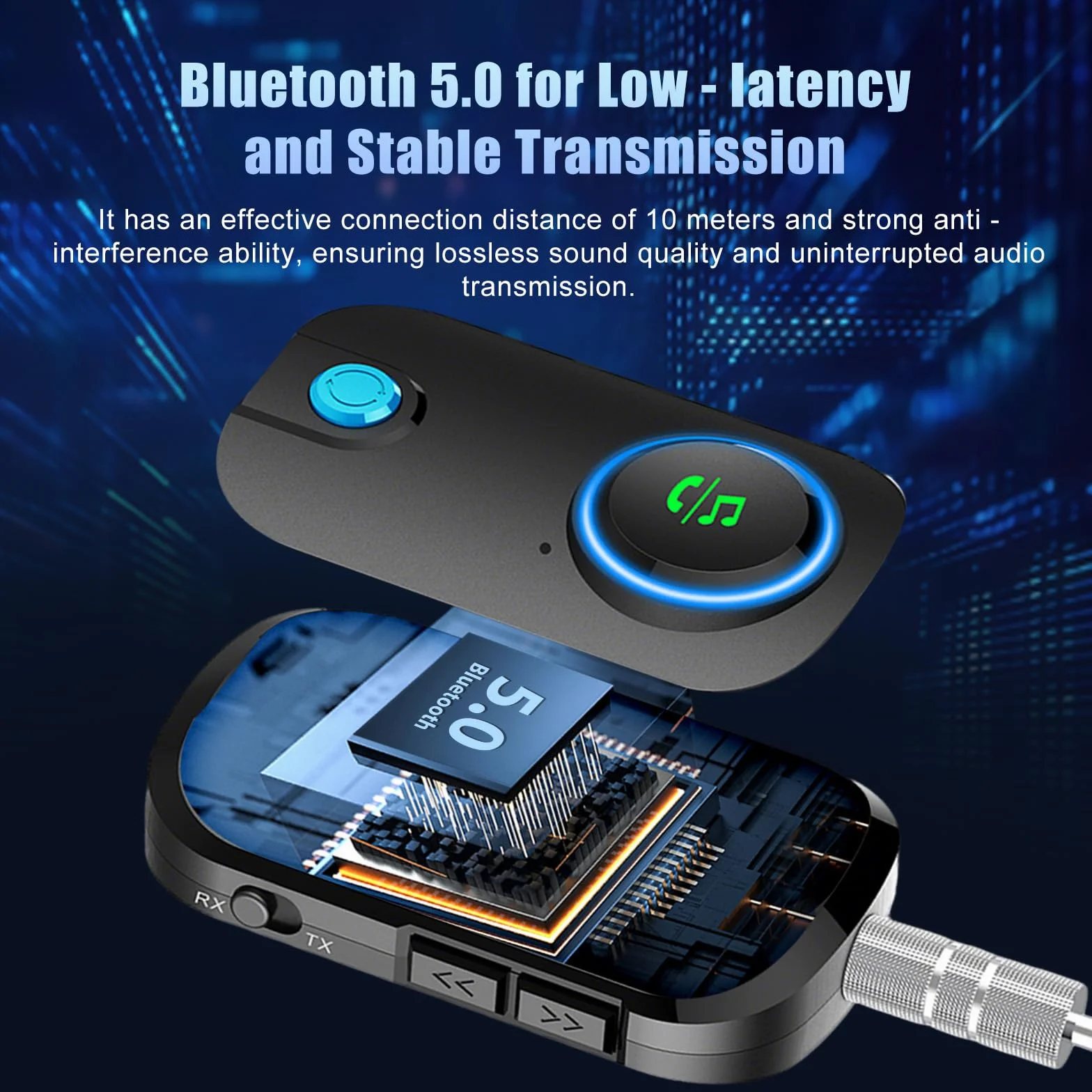 Trasmettitore Ricevitore Bluetooth 5.3, 2-in-1 Adattatore Bluetooth Auto, Cuffie Aereo con Supporto 2 Auricolari, Jack 3.5 mm AUX, Adattatore Wireless per TV, Autoradio, Home Theater, Lettori MP3