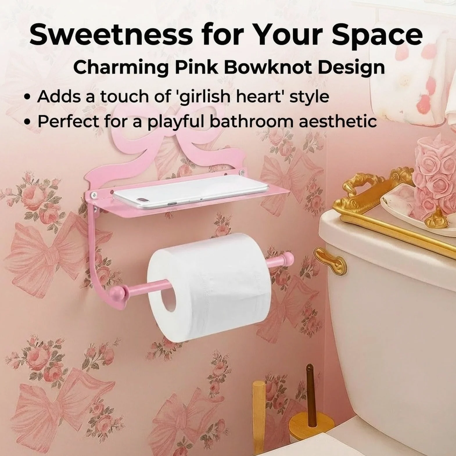 Colcolo Portarotolo di Carta Igienica in Metallo con Ripiano Integrato per Cellulare, Decorativo, Da Parete, per Bagno, Doccia