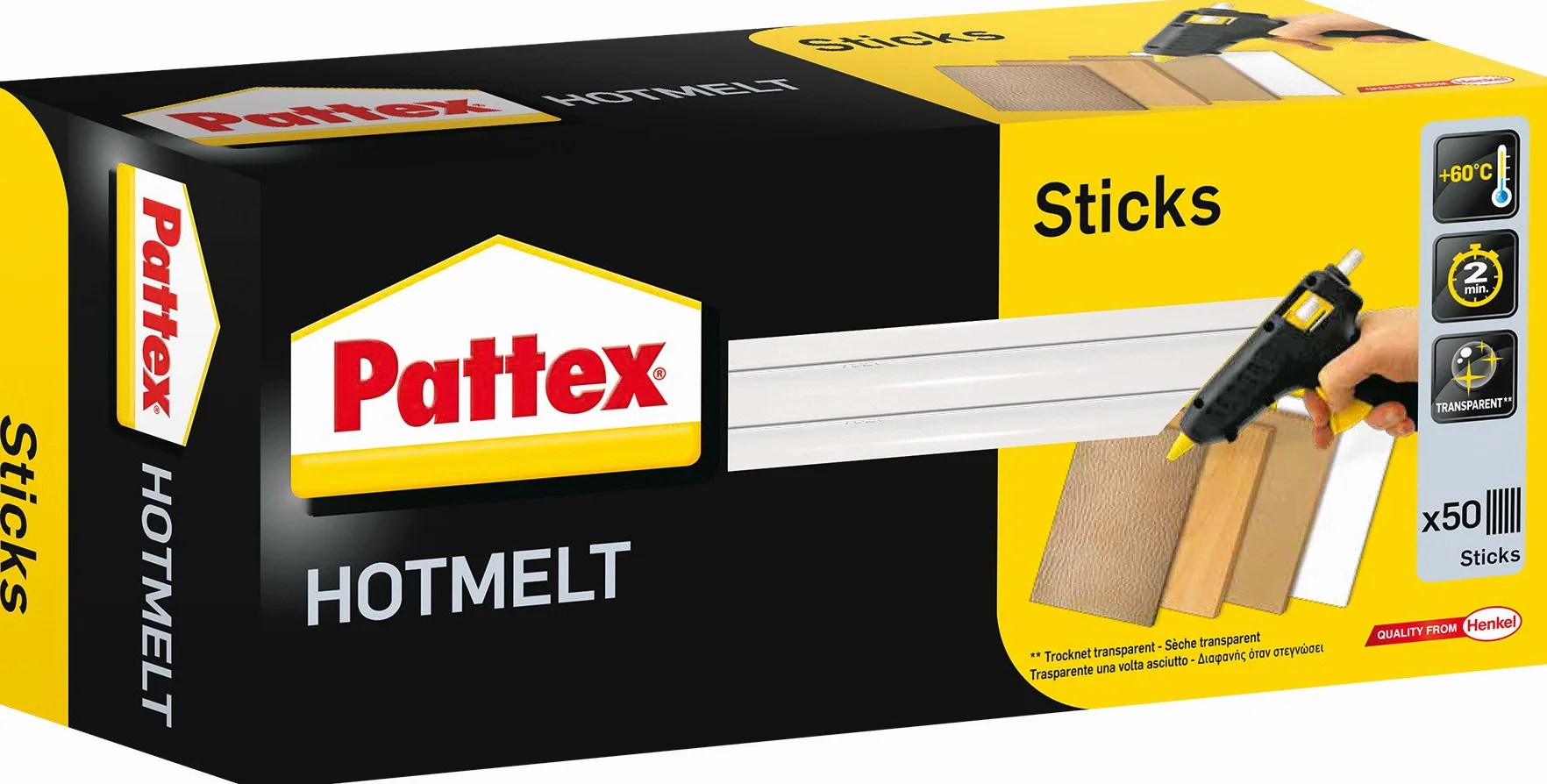 Pattex Hotmelt Sticks 50 sztuk, przezroczyste klejowe do pistoletu, do tworzenia i napraw