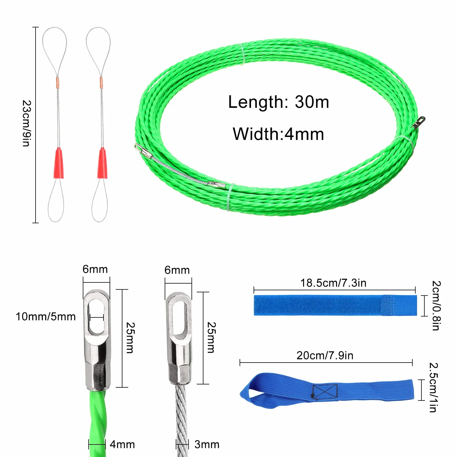 Sonda Tiracavi di Poliestere 30 m Passacavi Professionale Sonda Elettricista Molla Elettricista Tiracavi con 2 Molla di Guida Sonda Tiracavi Cavo per L’Installazione di Cavi Ø 4 mm, Verde