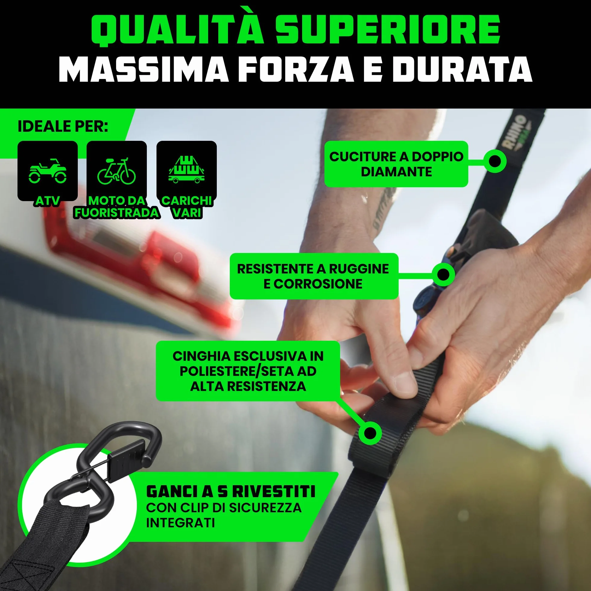 Cinghie a Cricchetto Rhino USA (4-Pack) - 2.5 cm x 4.6 m (800 kg di Resistenza alla Rottura) - Ganci a S di Sicurezza - Cinghie Premium per Camion, Carichi, Traslochi, Elettrodomestici - Nero