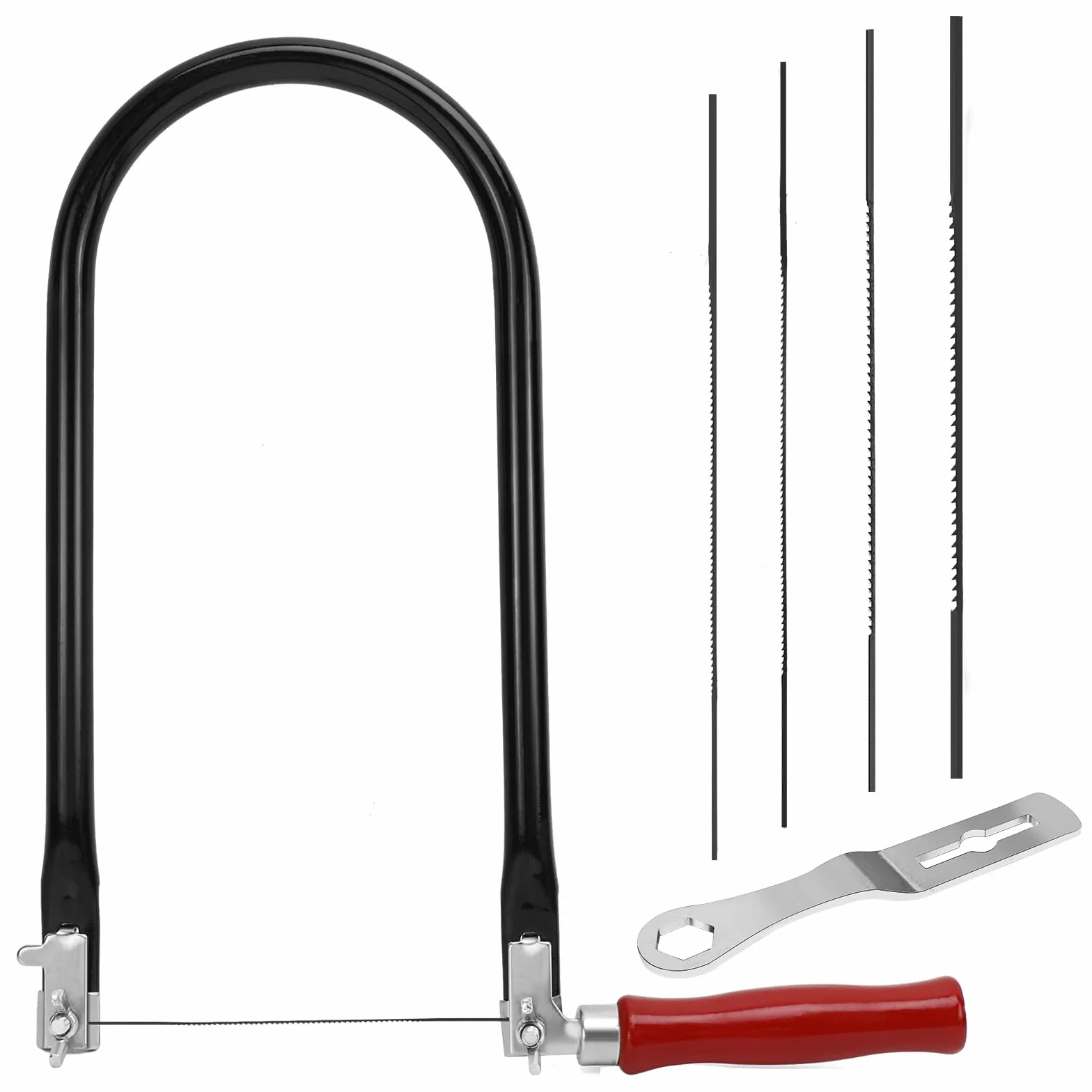 Set di Seghetti da Traforo Comprendente 4 Lame per Seghe (4#6#8#10#) Chiave di Montaggio e Archetto per Seghetti da Traforo per Metallo e Legno Sega da Ferro Piccola Girevole a 360 Gradi