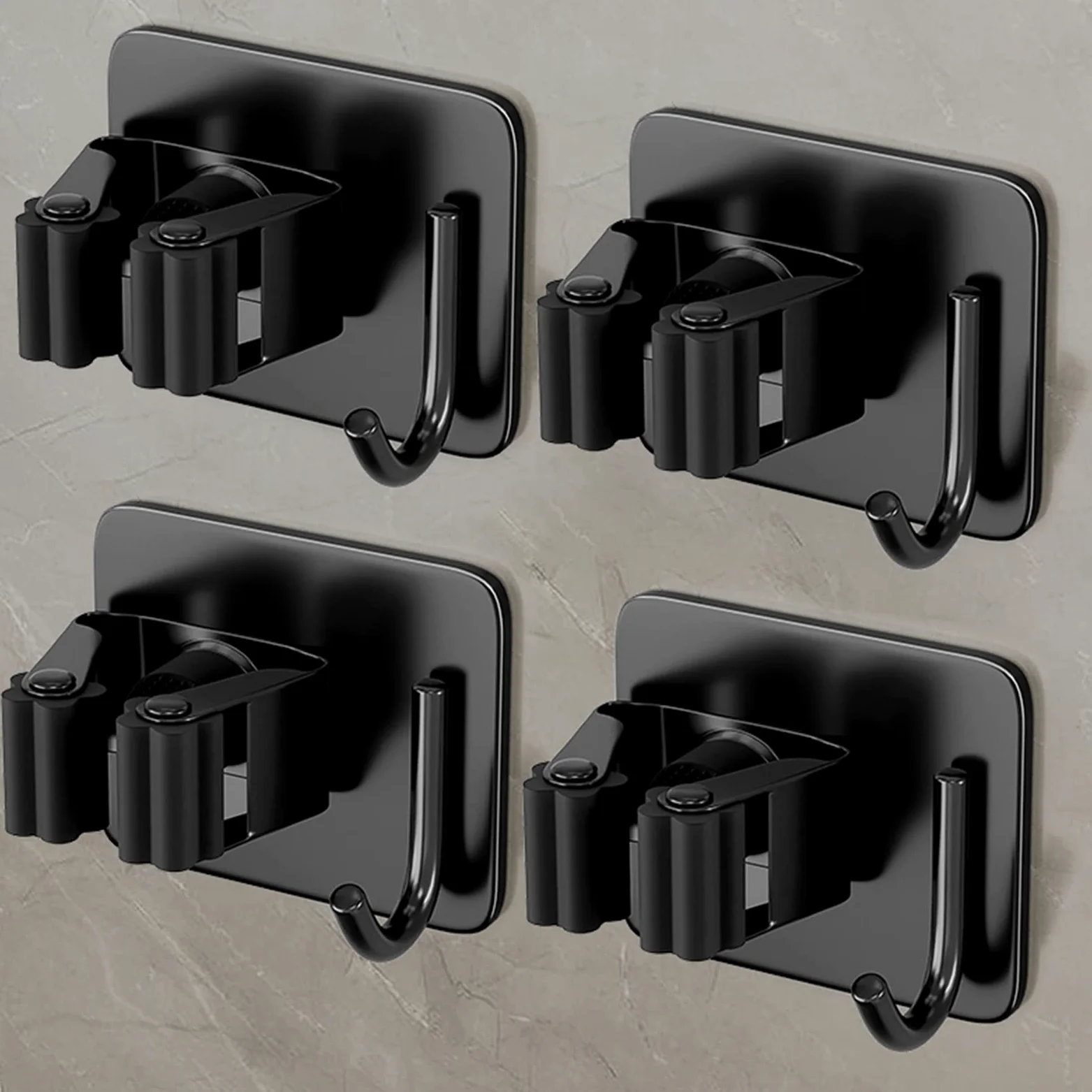 Supporto for mocio Autoadesivo, Appendiabiti for Montaggio a Parete con Ganci, Antiscivolo for impieghi gravosi, for Lavanderia, ripostiglio for Garage, Bagno (Color : Black, Size : 4 Pieces)