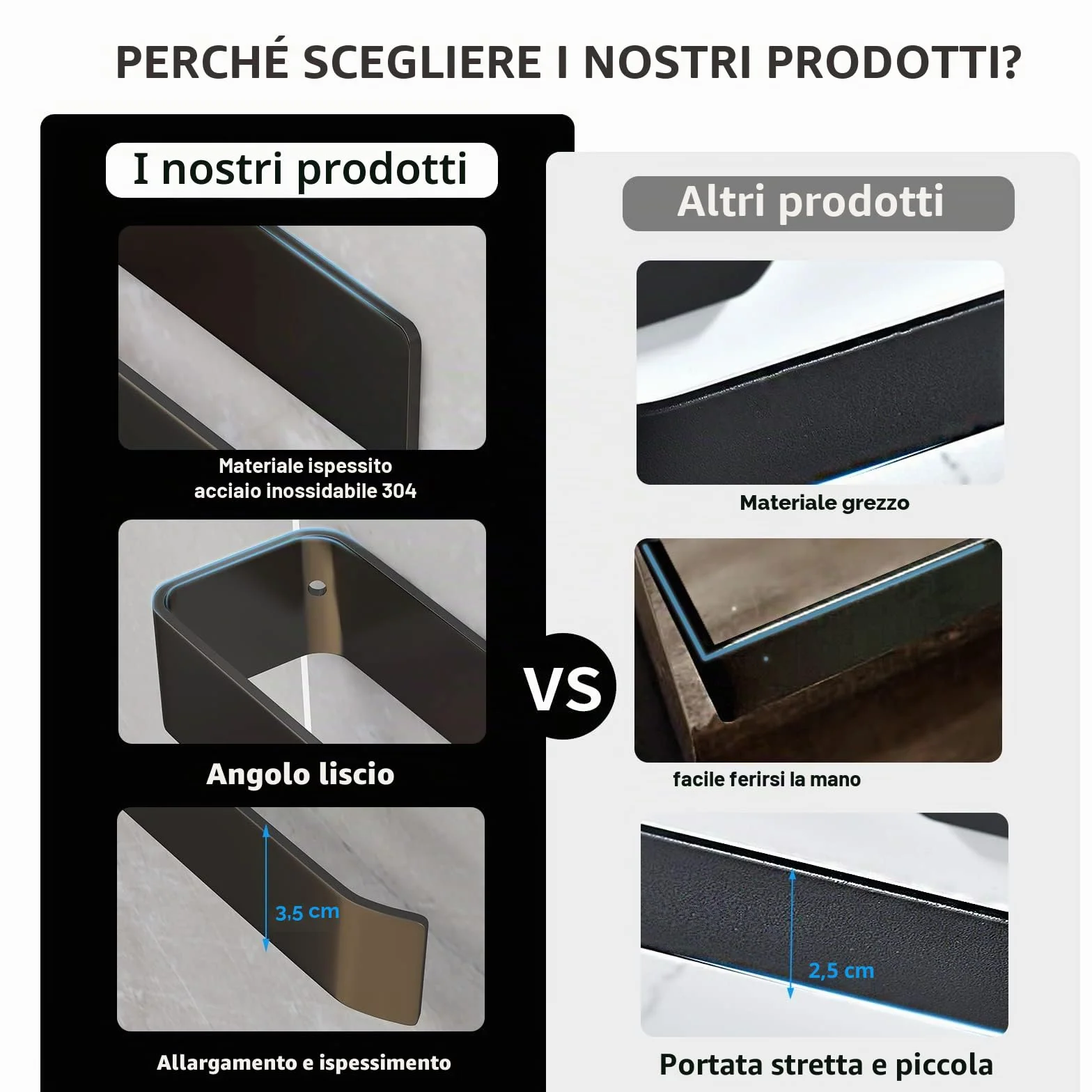 Vista Porta Asciugamani Bagno Adesivo da Parete Nero 25cm SUS304 Acciaio Inox Senza Foratura