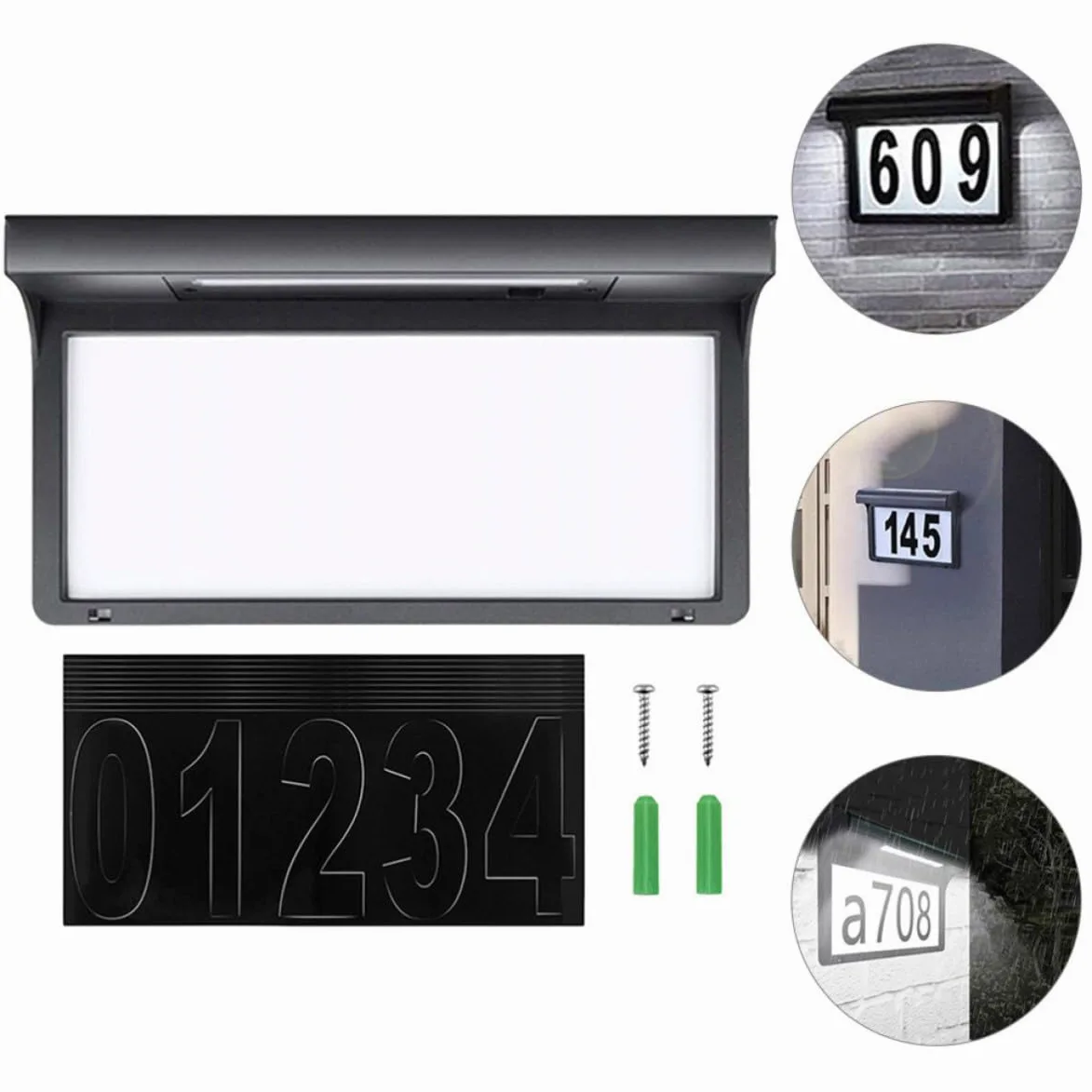 Targa Numero Civico Solare LED 6 Lampade 1, 2v 600mah per Esterni | Polisilicio e Plastica Nera, Controllo Luce, Copertura Ampia per Giardino e Cortile