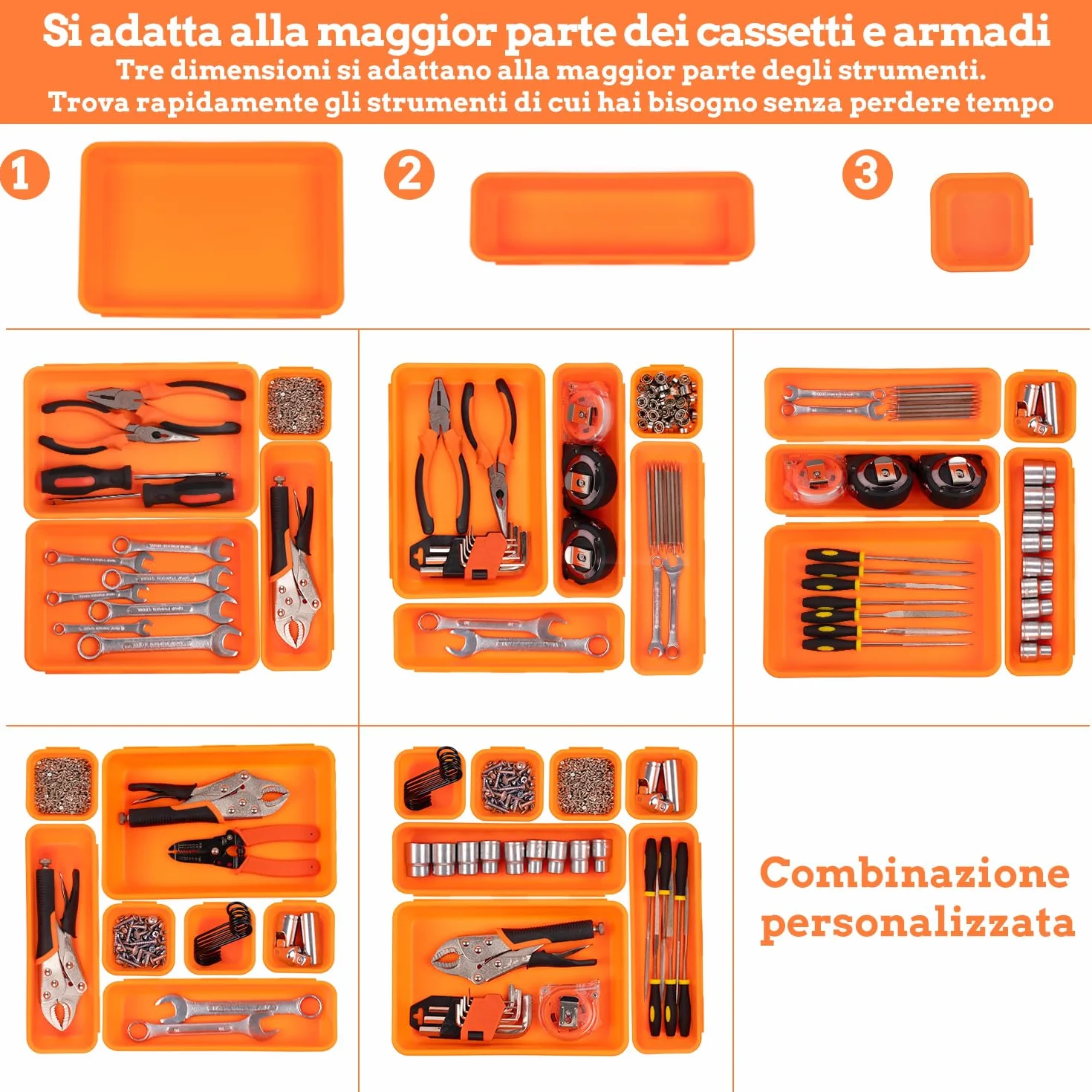 Organizer Cassetta Attrezzi 45 Pezzi con Cassetti, Scatole Portaoggetti Plastica per Viti Minuteria e Carrello - Arancia