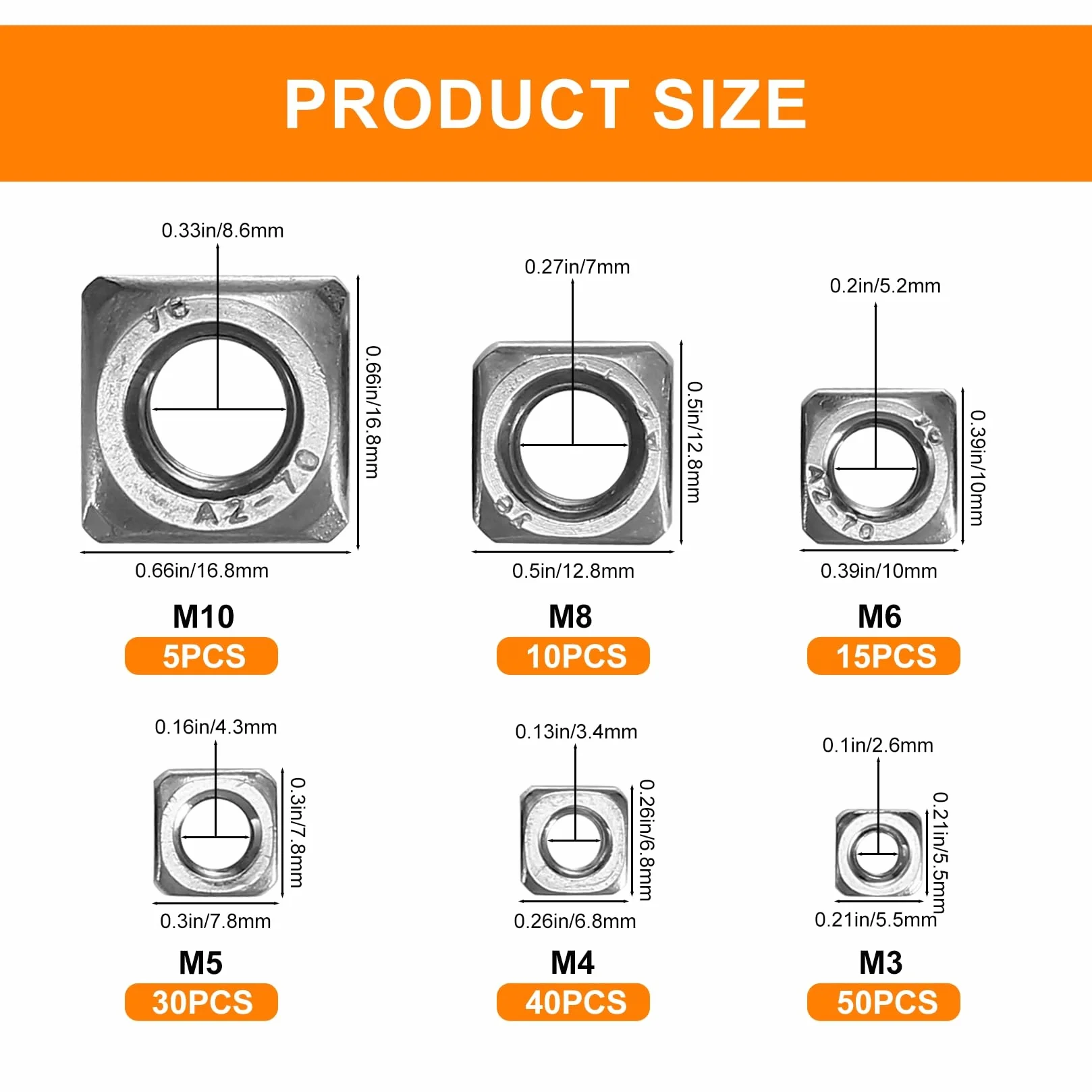 Set di 150 Dadi Quadrati in Acciaio Inossidabile M3 M4 M5 M6 M8 M10