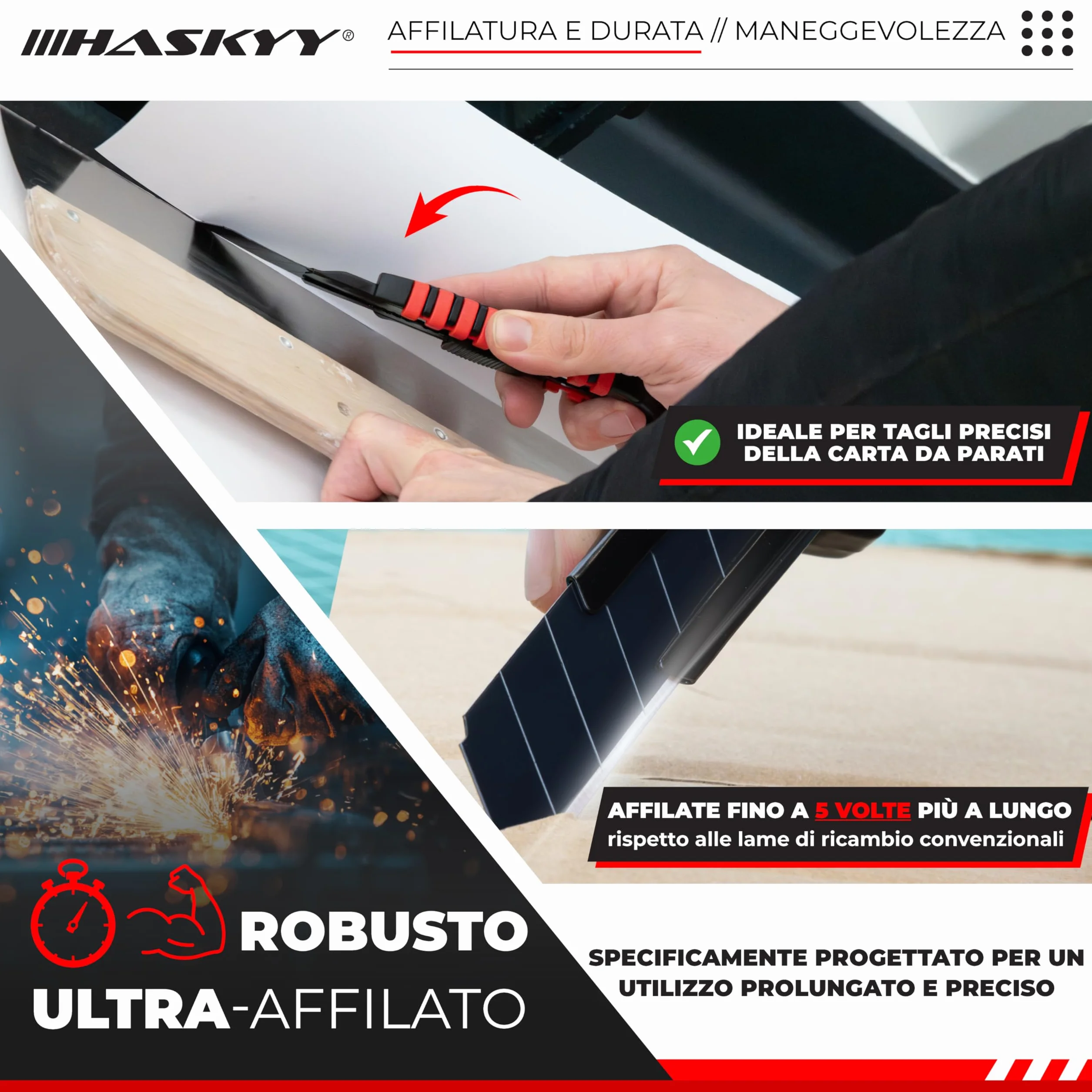 HASKYY Taglierino da Tappeto 18mm Set 5x Coltelli con Lama SK5 Ergonomico