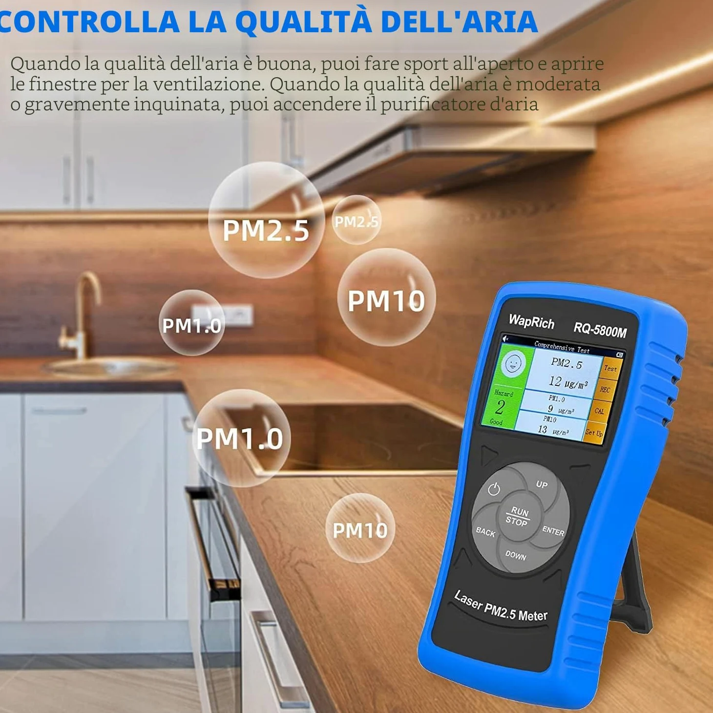 Monitor di qualità dell'aria interno PM2,5/PM10/PM1,0 portatile, WapoRich rilevatore di inquinamento qualità dell'aria rileva la polvere per casa/ufficio/scuole/auto, ricaricabile - RQ-5800M