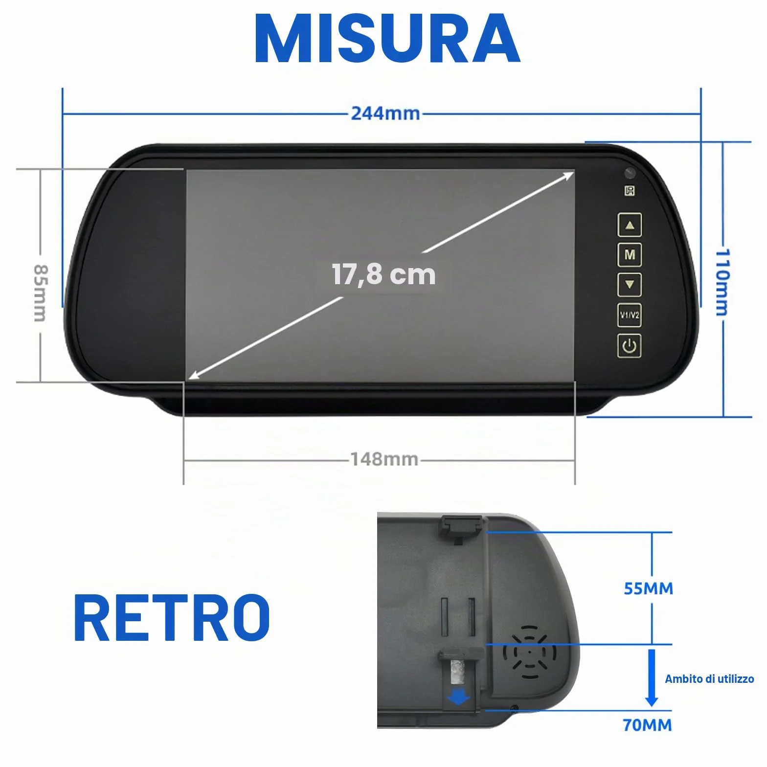 Auto 7 Pollici Monitor, Cocar 12V-24V HD 800x400 2 Canali RCA Specchietto Retrovisore con Telecomando In-Mirror LCD Schermo per Camion la Macchina Fotografica di Sostegno DVD Media Player