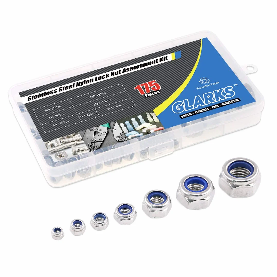 Glarks 175PCS metrica in acciaio INOX 304 dado di bloccaggio in nylon kit assortimento M3 M4 M5 M6 M8 M10 M12