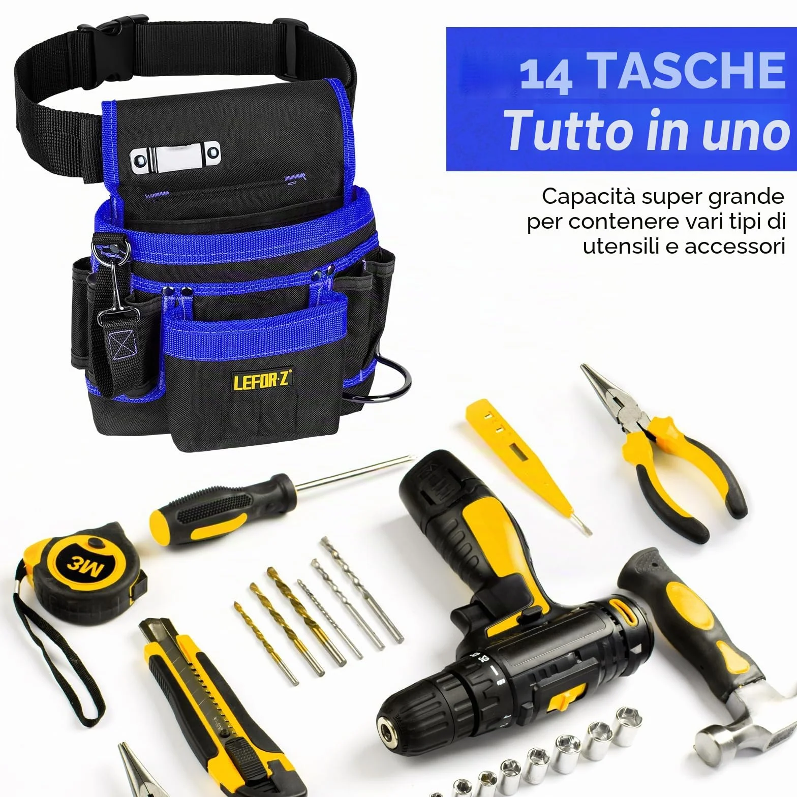 Cintura Porta Attrezzi Magnetica 14 Tasche Regolabile Staccabile Elettricista Falegname Edilizia Nero-Blu