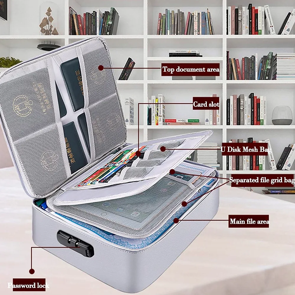 Borsa portadocumenti ignifuga,documento sicuro a prova di fuoco impermeabile, sacchetto di organizzatore di file, denaro,grande spazio di archiviazione di grande livello e blocco della password