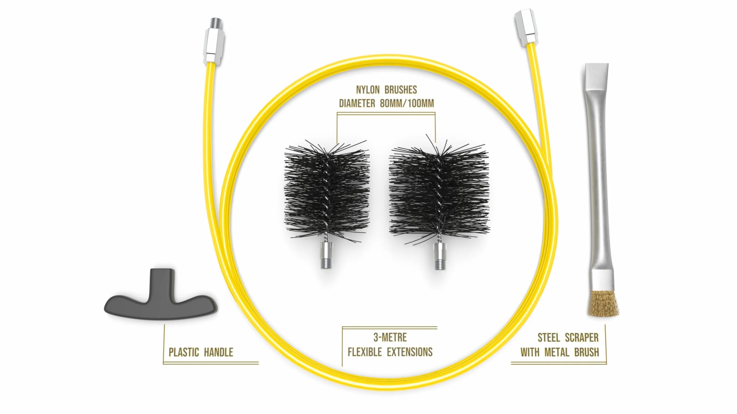 HANSA Kit di pulizia per stufa a pellet e camino, prolunga 3 metri, 2 spazzole in nylon, spazzola multiuso e manico