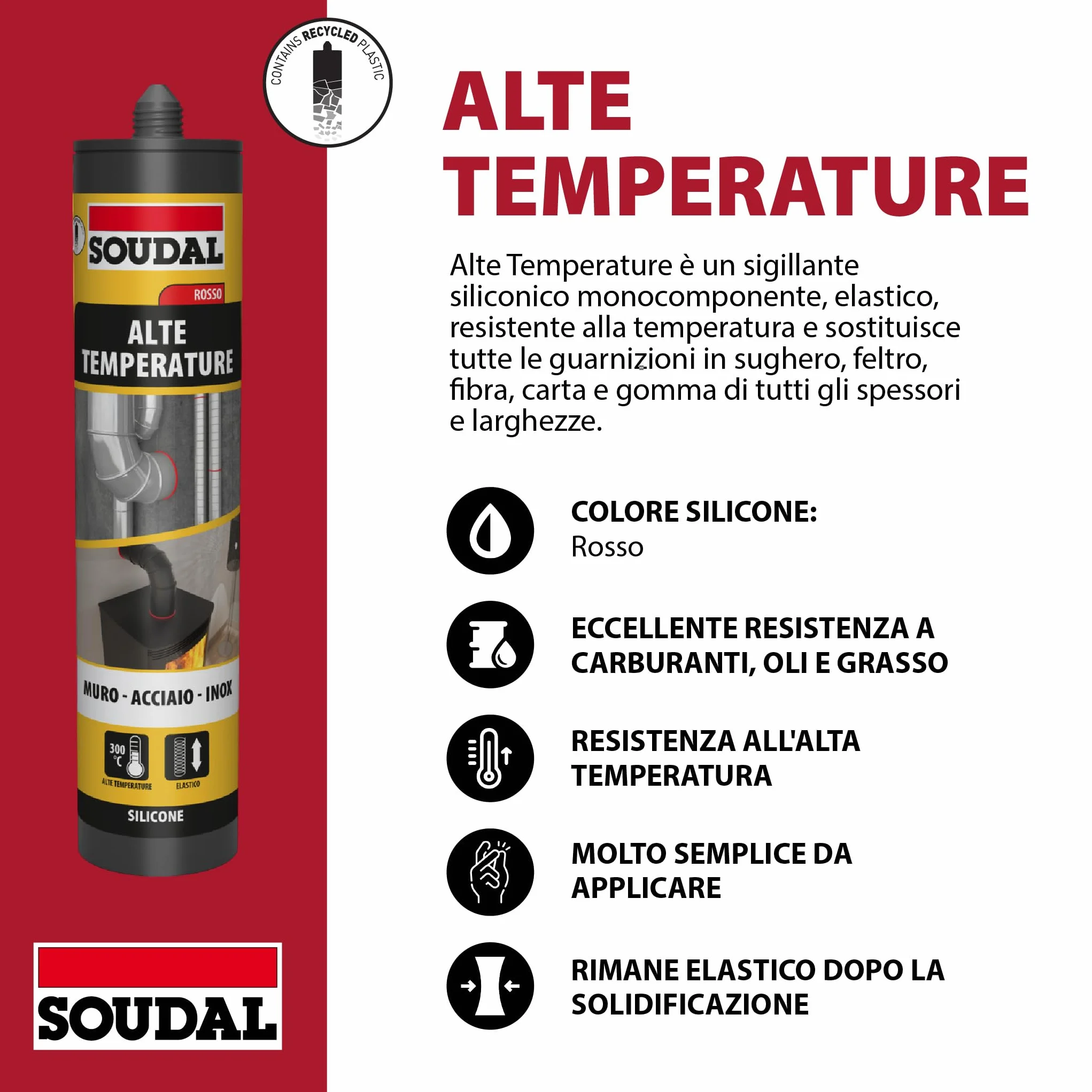 Soudal Silicone Alte Temperature 310ml Rosso Resistente a Oli e Carburanti