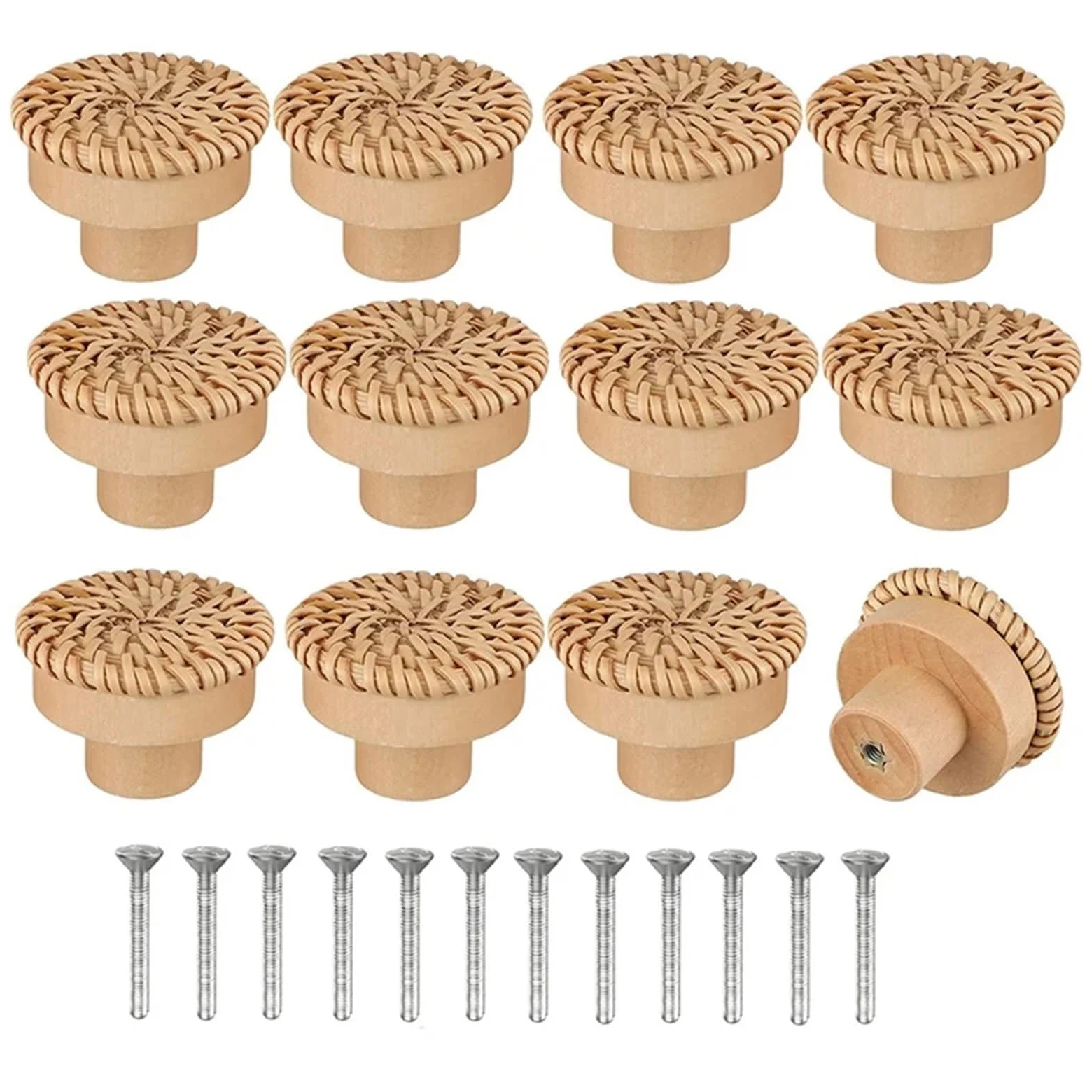 30 pomelli rotondi in rattan bohémien, per cassetti in legno, fatti a mano, per mobili da cucina, ferramenta (Burlywood)