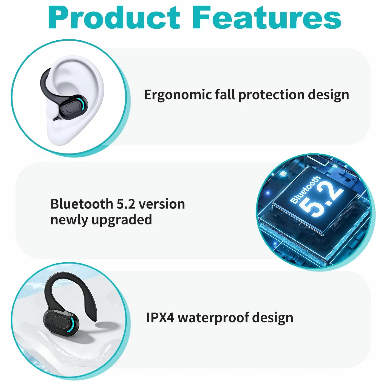 Auricolare Bluetooth Mono senza fili V5.2, microfono integrato a mani libere orecchio, 70 mAh, fino a 20 ore di riproduzione, design a 360° sopra l'orecchio, uso casco wireless per iPhone, Android e
