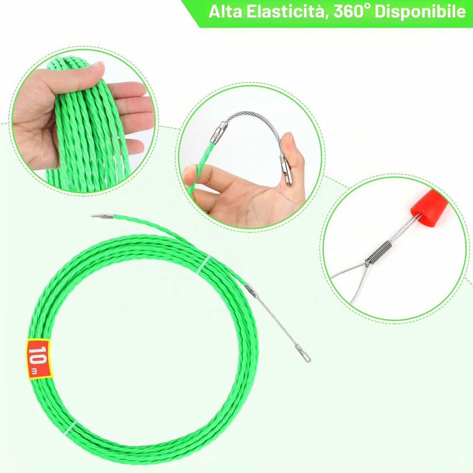 Sonda Passacavi 10m, RISVOWO 4.5mm Sonda Elettricista con 2 Molla di Guida, Sonda Tiracavi Cavo, Molla Elettricista, Canalina Passacavi, Estrattore Cavi per L’Installazione di Cavi (Verde)