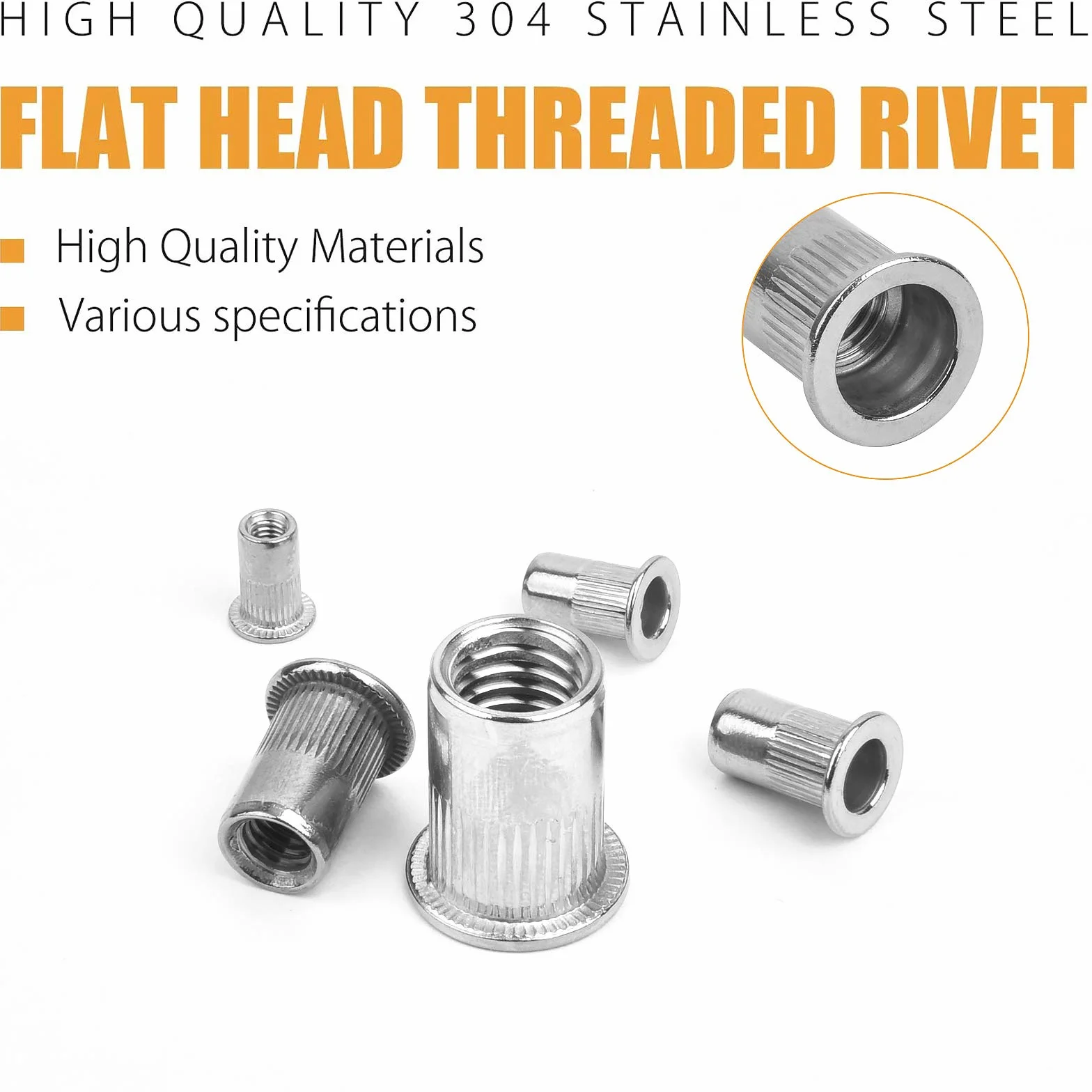 VIGRUE 250 dadi rivetti assortiti, M3-M10, A2-70, acciaio inox, testa piatta, Rivet Nutsert