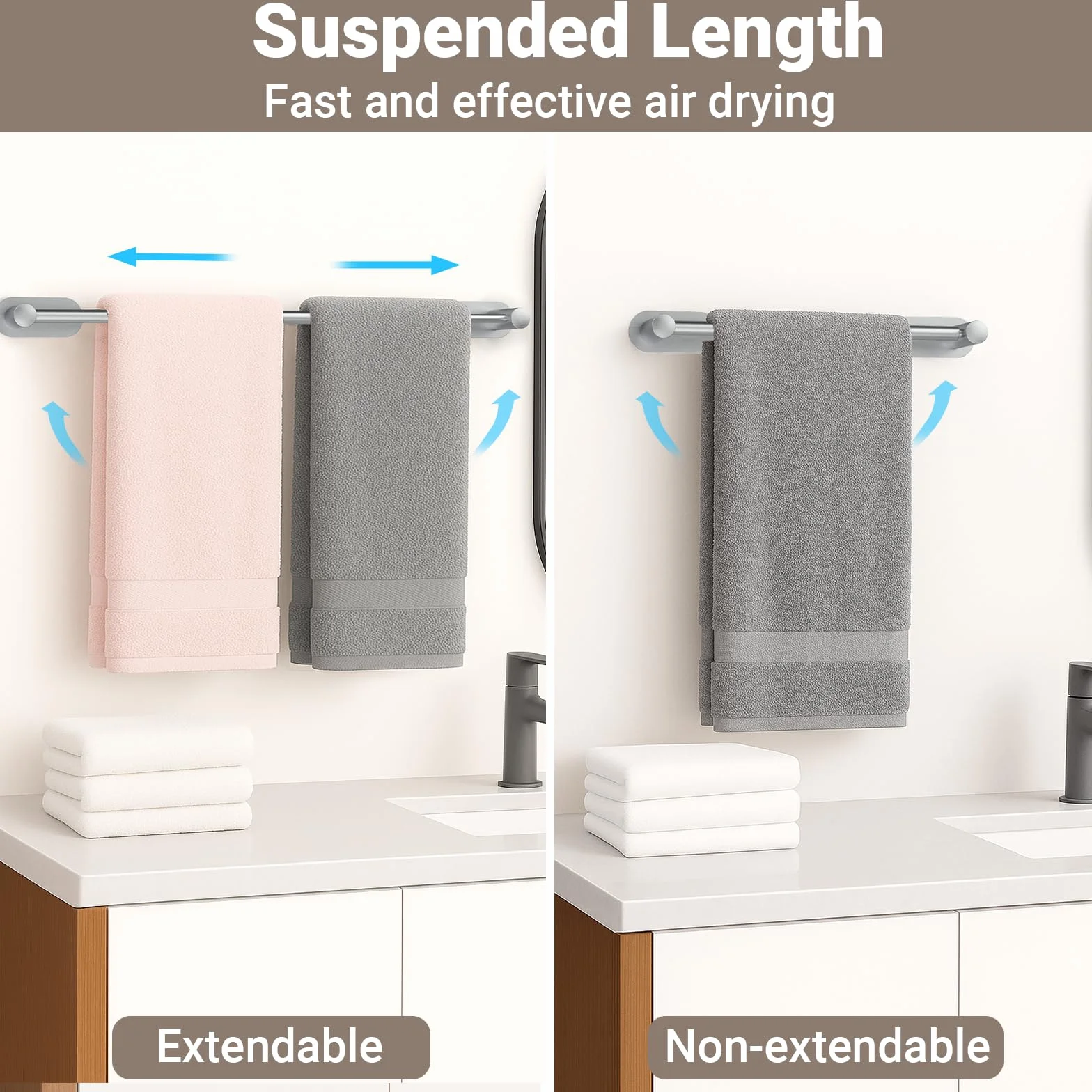 Porta Asciugamani Adesivo in Acciaio Inox Estensibile 37-57,5 cm per Bagno e Cucina
