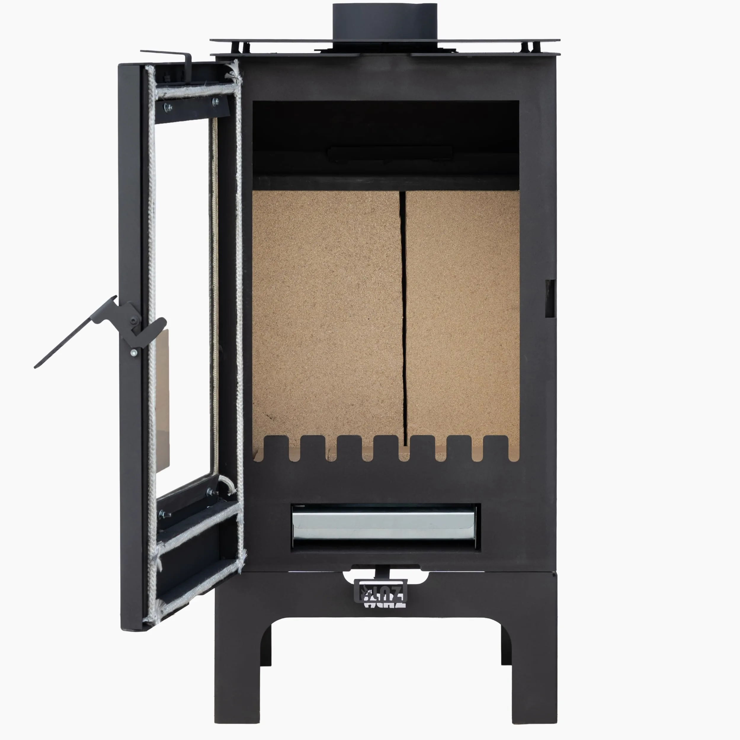 ALAZ K8M-L stufa a legna da 6 kW, colore nero, camera di combustione con refrattario, grande finestra e vano cenere, per tronchi fino a 50 cm, classe di efficienza energetica A