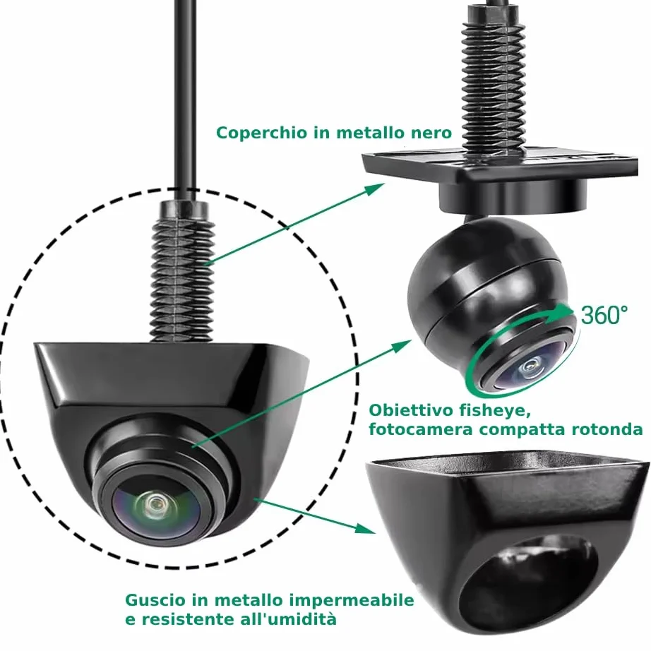 Proxel Telecamera Retrocamera Posteriore AHD 1080P per Auto – Grandangolo Fisheye Regolabile, Visione Notturna, Impermeabile IP69, Compatibile con Autoradio e Monitor AHD – Per Auto, Camper, Furgoni