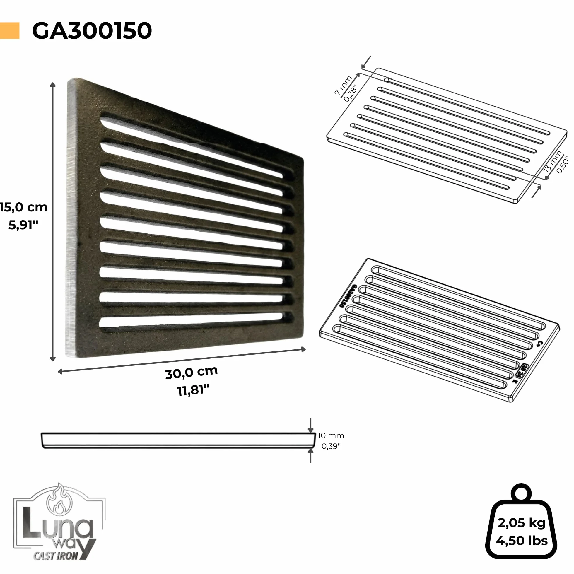 30 x 15 x 1 cm - Griglia per cenere in ghisa | Ottimizza il tiraggio camino | Resistente alte temperature | Facile pulizia, Qualità 100% ghisa by LUNA WAY CAST IRON