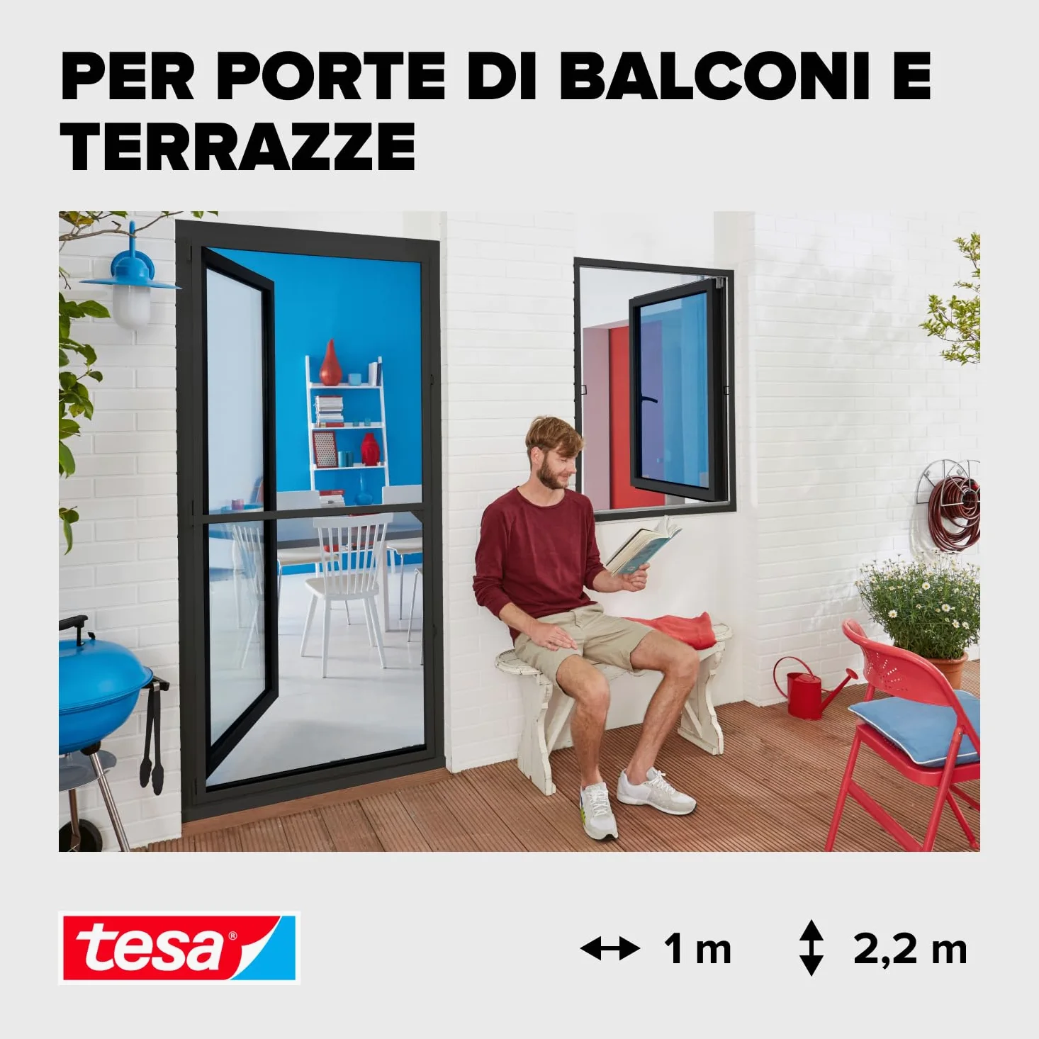 Tesa Insect Stop Alu Comfort Zanzariera per Porte con Telaio in Alluminio e " Clear-View " - Rete per Zanzare per Porta - Antracite, 100 cm x 220 cm