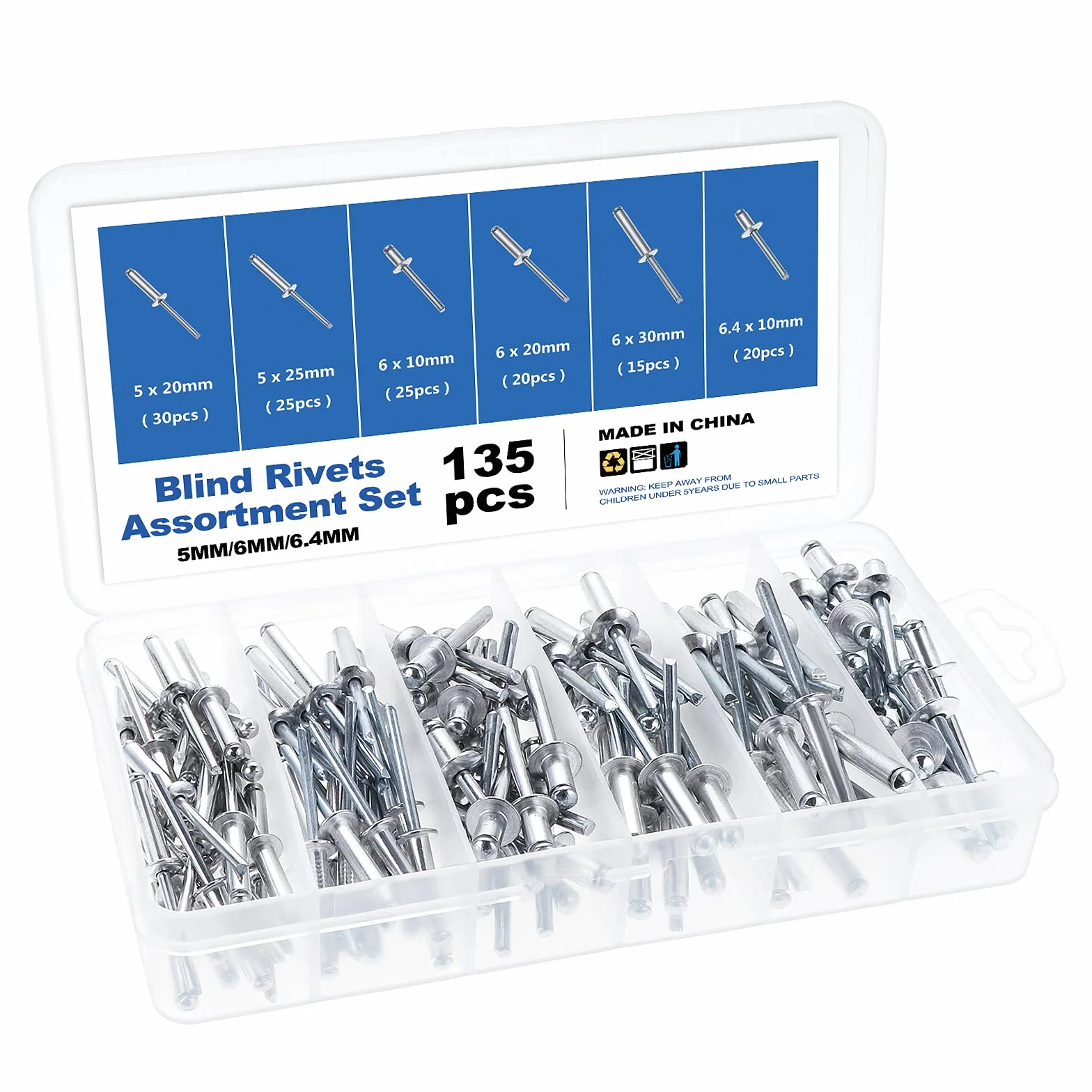 Gueenky 135 Pezzi Rivetti in Alluminio, 5/6/6,4 mm, 6 Dimensioni Set Rivetti Pop Ciechi per Metallo Legno Plastica