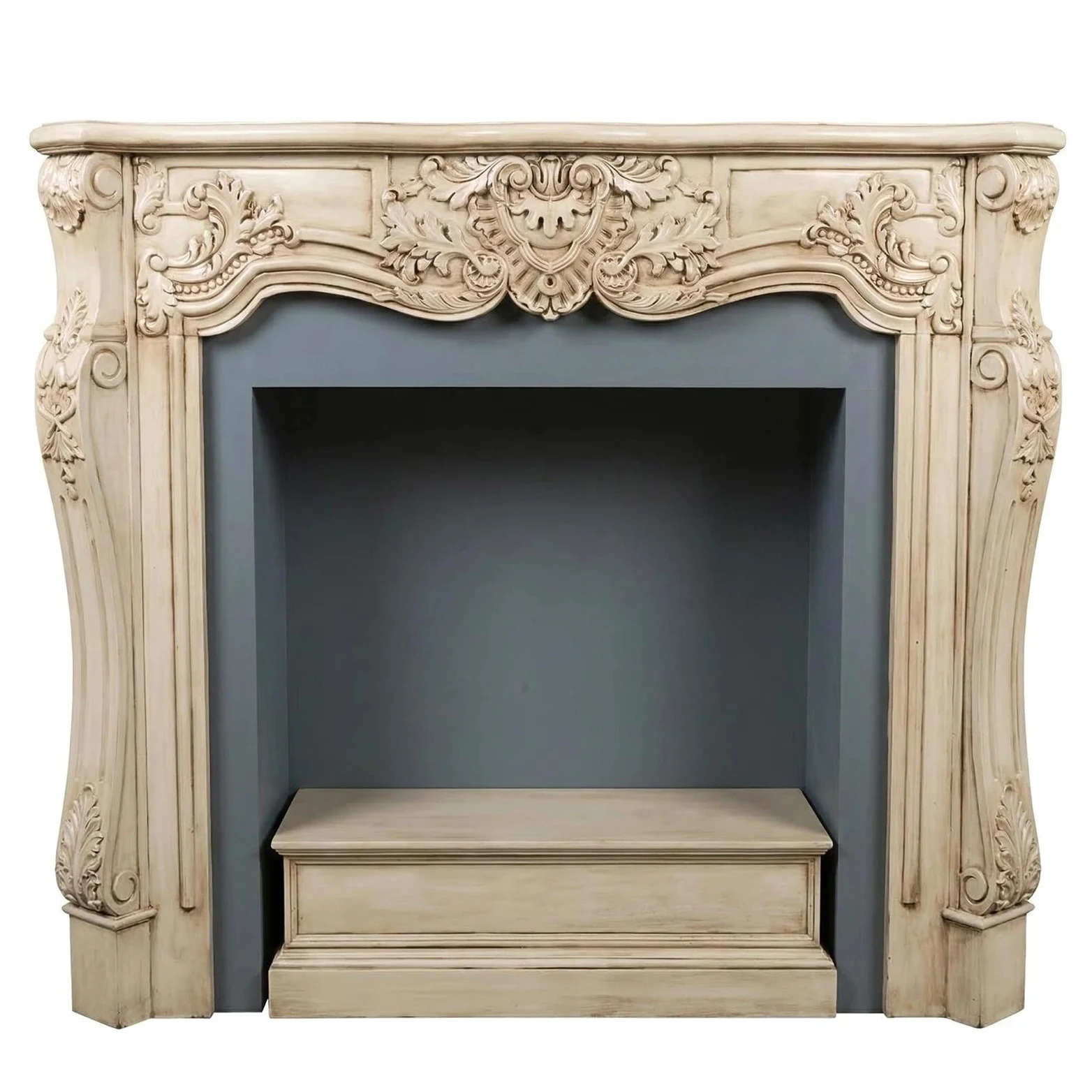 Cornice per caminetto Cornice for caminetto in Legno di Betulla con Cornice Decorata in Stile rococò Beige Invecchiato