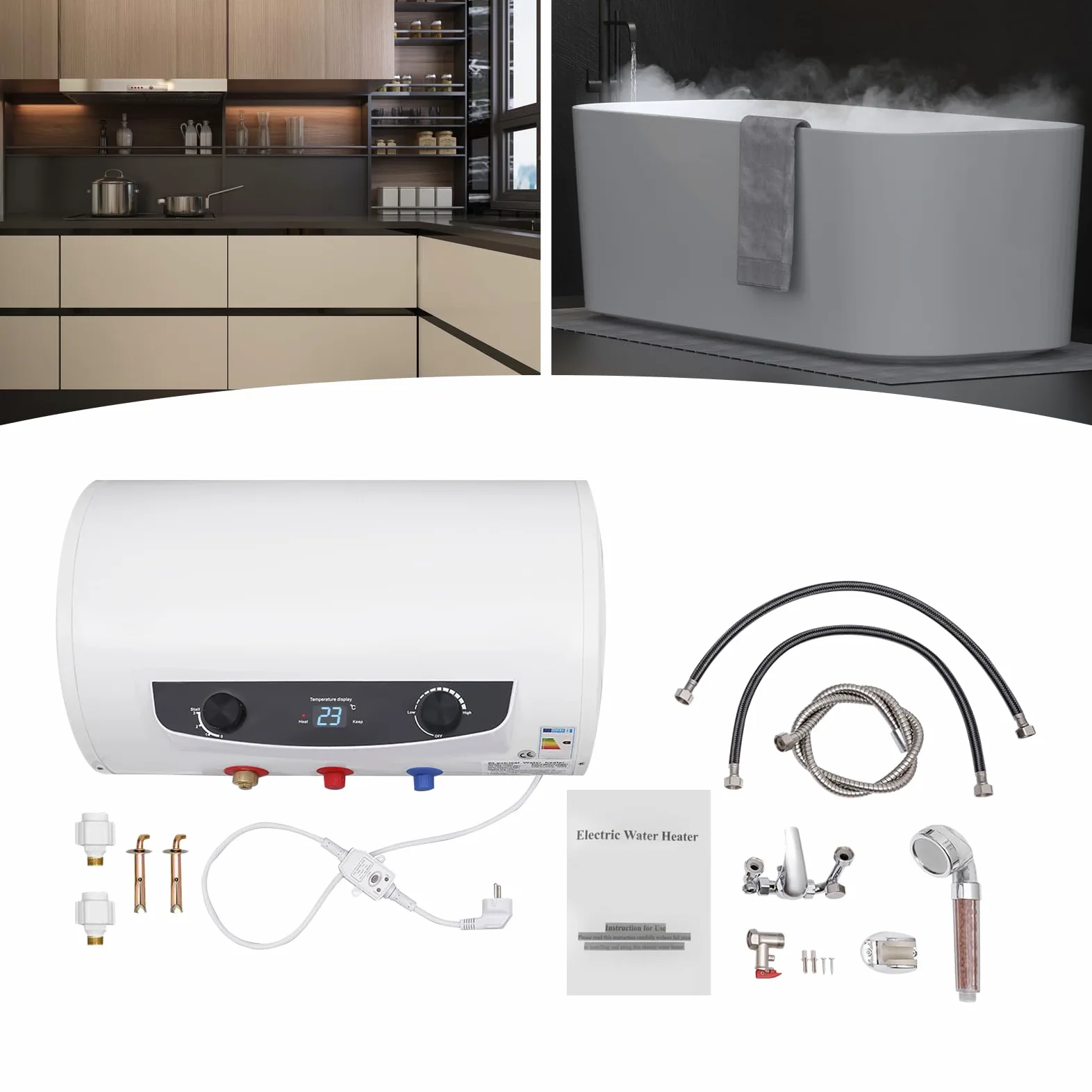Scaldabagno elettrico da 50 l, 2000 W, 220 V, scaldabagno, 25 – 75 °C, montaggio a parete, scaldabagno per cucina, WC [classe energetica A]