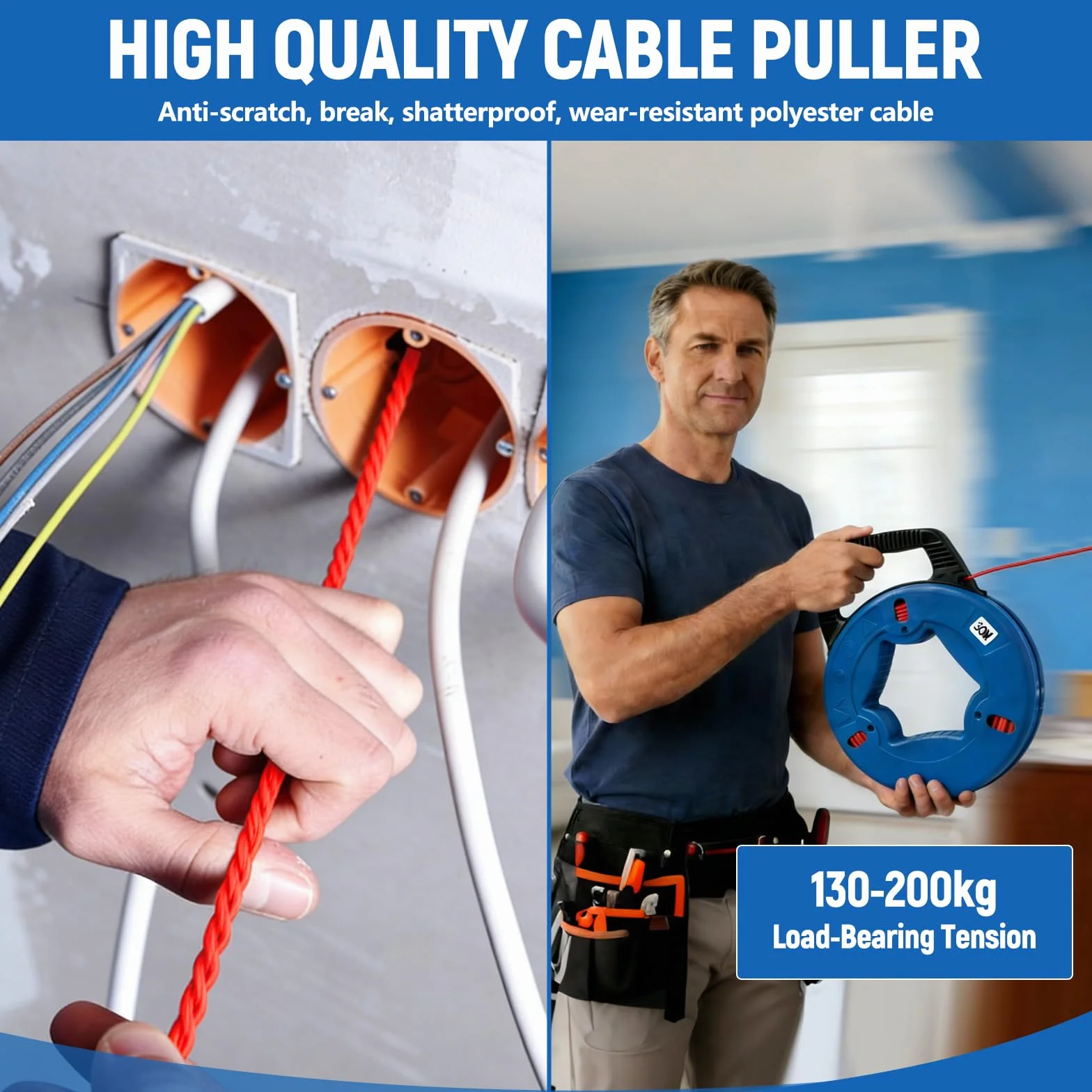 Spirale di ritiro da 30 m, in fibra di vetro, 4 mm, aiuto di ritiro per cavi, con testa in rame e 6 adattatori, molla di ritrattamento, filo di trazione, per tubi vuoti per cavo elettrico in fibra di