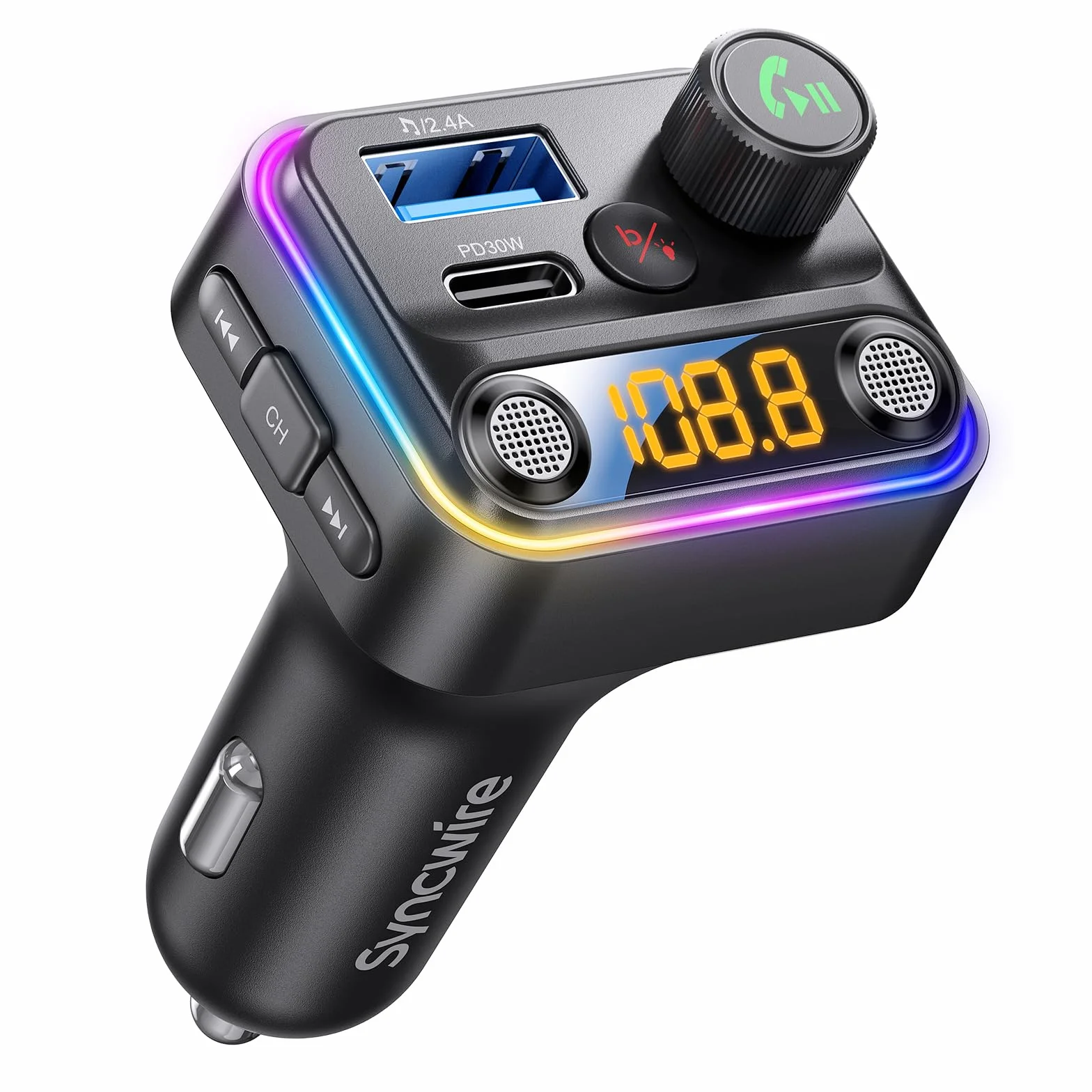 Syncwire Trasmettitore FM Bluetooth 5.4 Auto 42W [Interruttore Luminoso] [Microfoni Doppi Potenziati & Bassi HiFi] [Ricarica Veloce] Adattatore Musicale Wireless per FM Radio, Chiamata Mani Libere