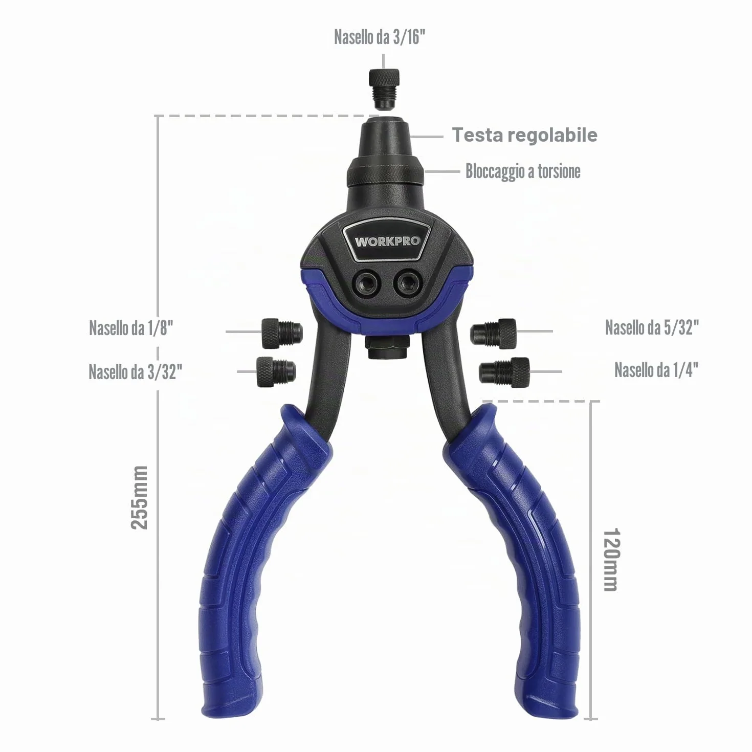 WORKPRO Rivettatrice Manuale con 5 Teste Intercambiabili, Pistola a Rivetti per Installazione Mobili