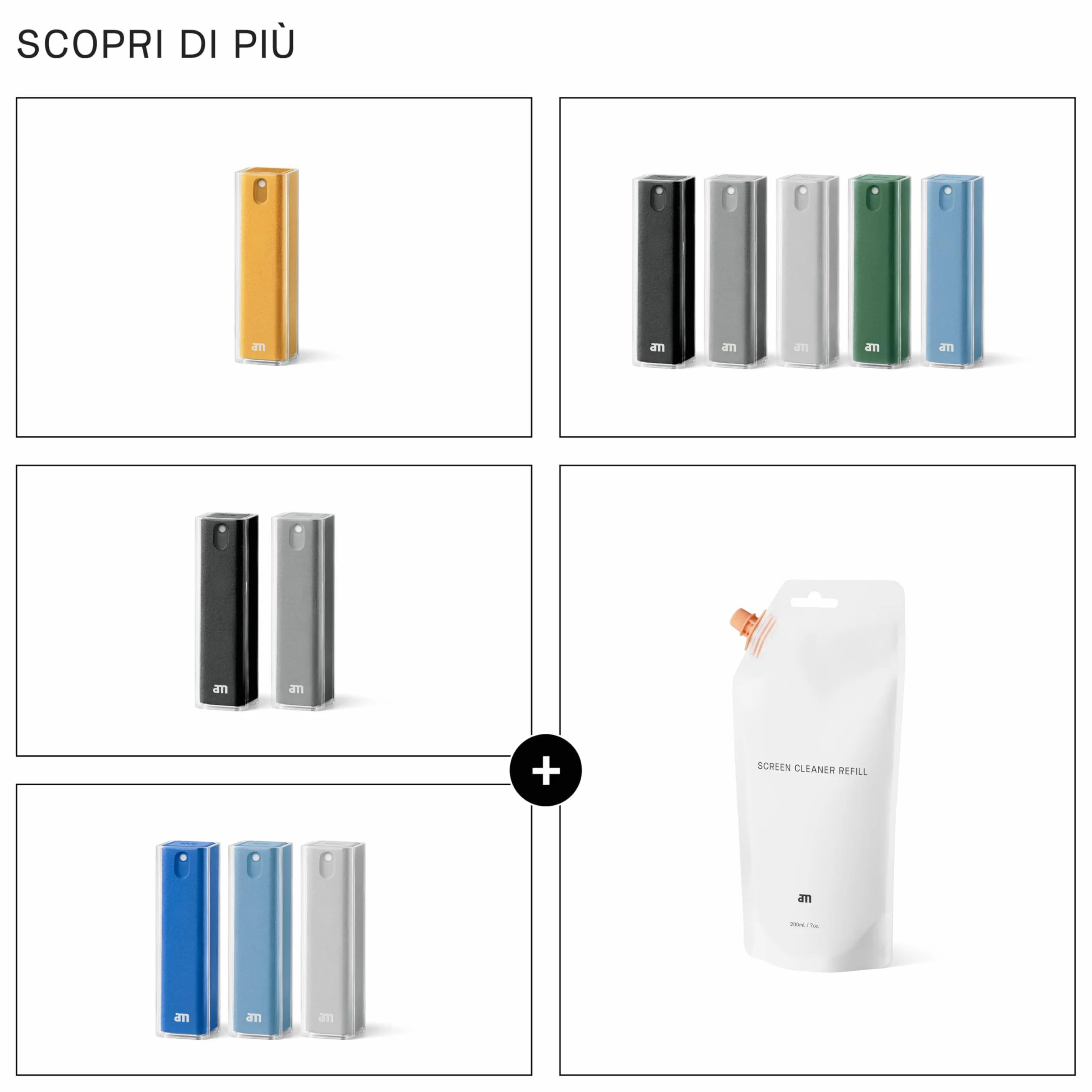 am Spray Pulizia Schermo 2 in 1 con Panno in Microfibra Integrato per Smartphone, Tablet, Laptop, Monitor PC, Smart TV e Display Auto, Ricaricabile (Blu, 3 Pack)