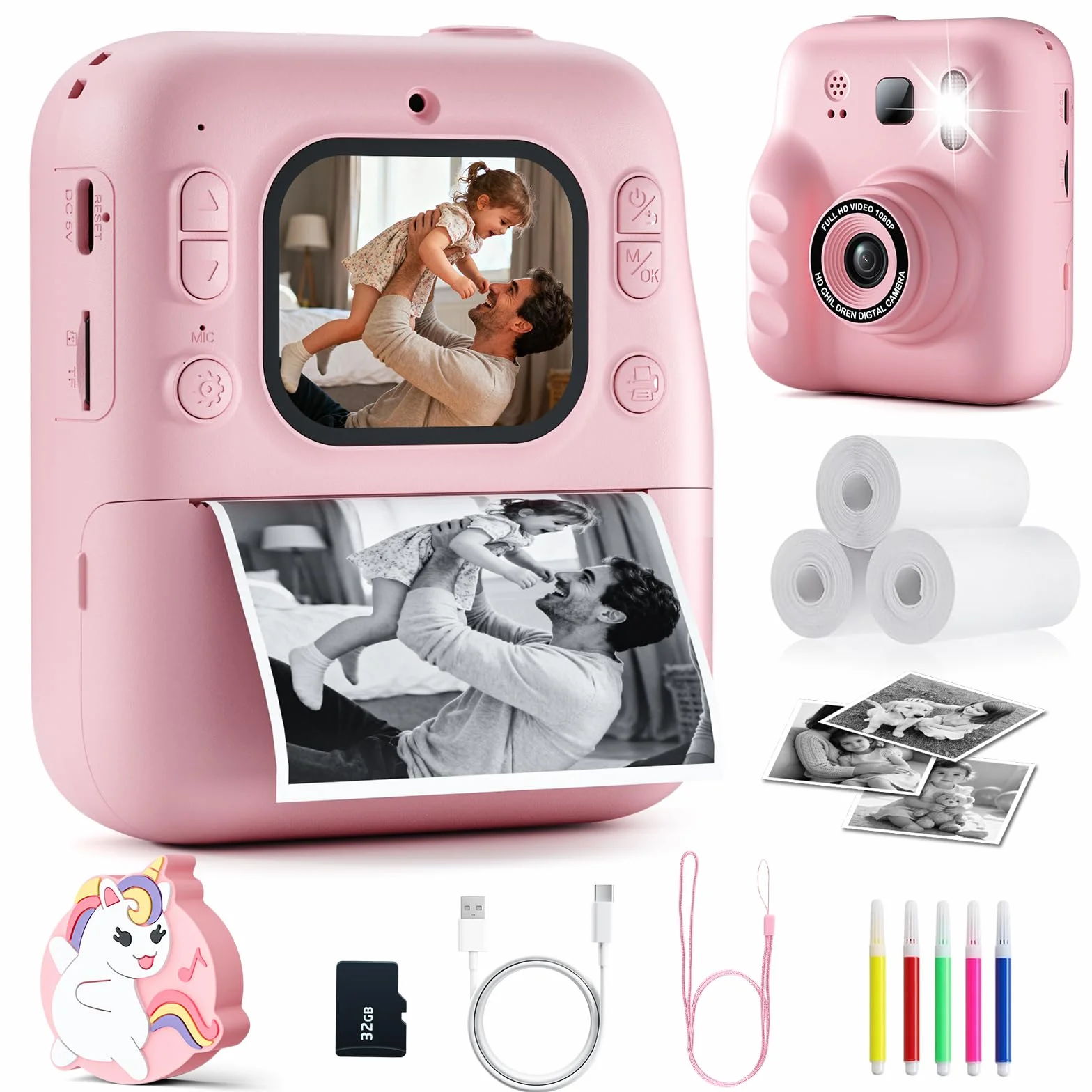 Macchina Fotografica Bambini Istantanea, 1080P Fotocamera Digitale Bambini con 32GB & Papier Photo, Regalo di Natale per Bambino e Bambina dai 3-12 Anni