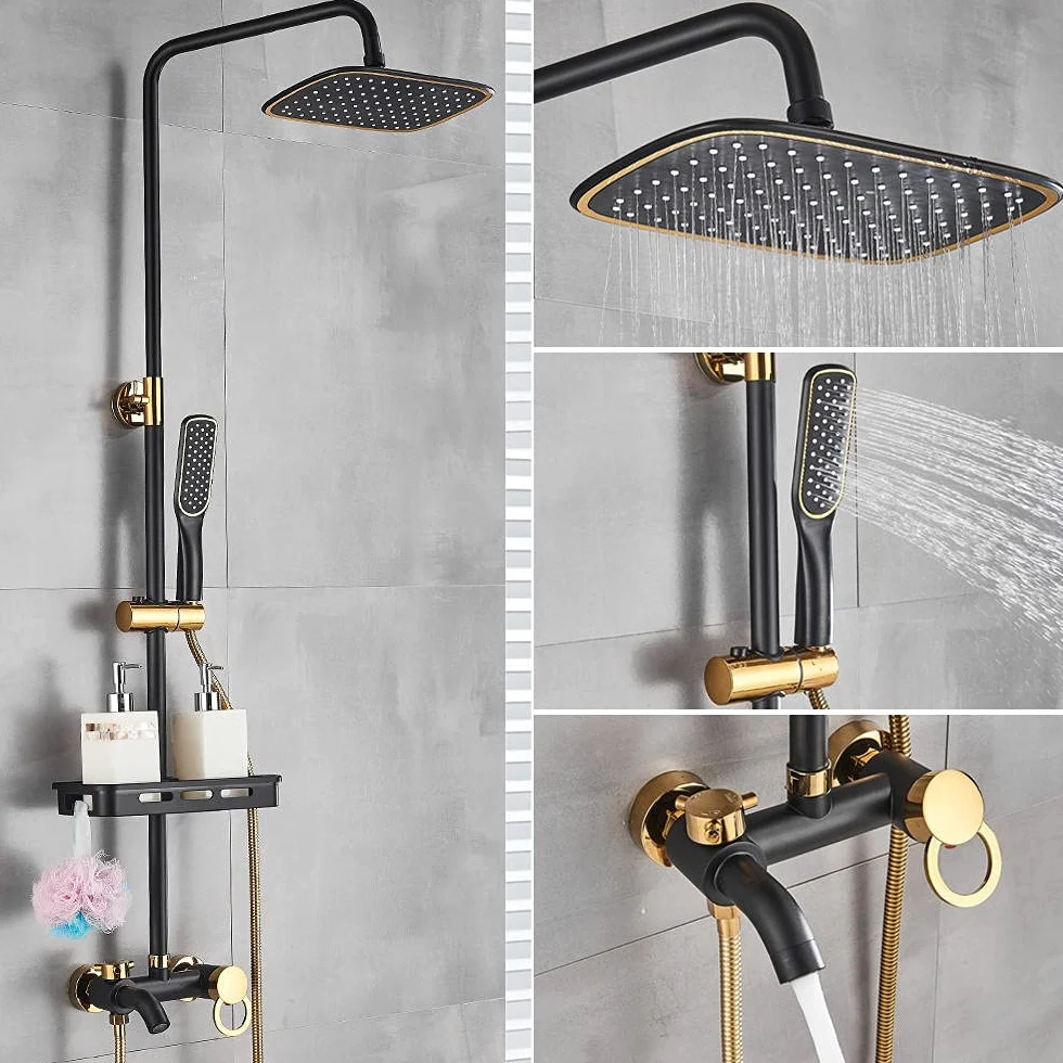 Rubinetto per Bagno, Doccia a Pioggia, Miscelatore per Vasca da Bagno a Parete, Set di rubinetti per Bidet, Nero Opaco, Oro Opaco A