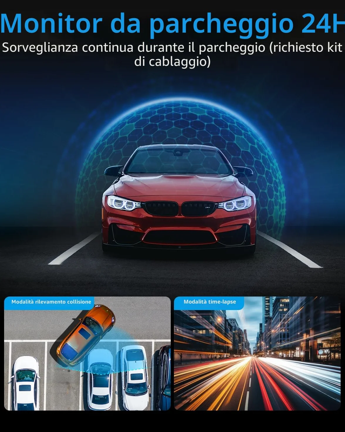 Telecamera WiFi per auto anteriore posteriore, 4K + 1080P per auto, controllo app con scheda SD da 64 G, visione notturna, sensore G, registrazione loop, WDR (Pollici, 1.47)