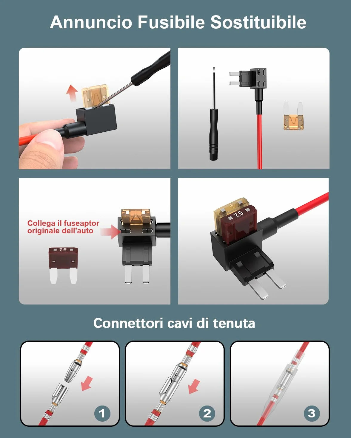 Kit Cablaggio USB-C, Dash Cam Hardwire Kit con 4 Tipi/8 Fusibili Adattatori, Cavo Tap e Strumento di Installazione 4m/13.12ft 12V/24V a 5V/2.5A Auto Cavo di Ricarica Kit