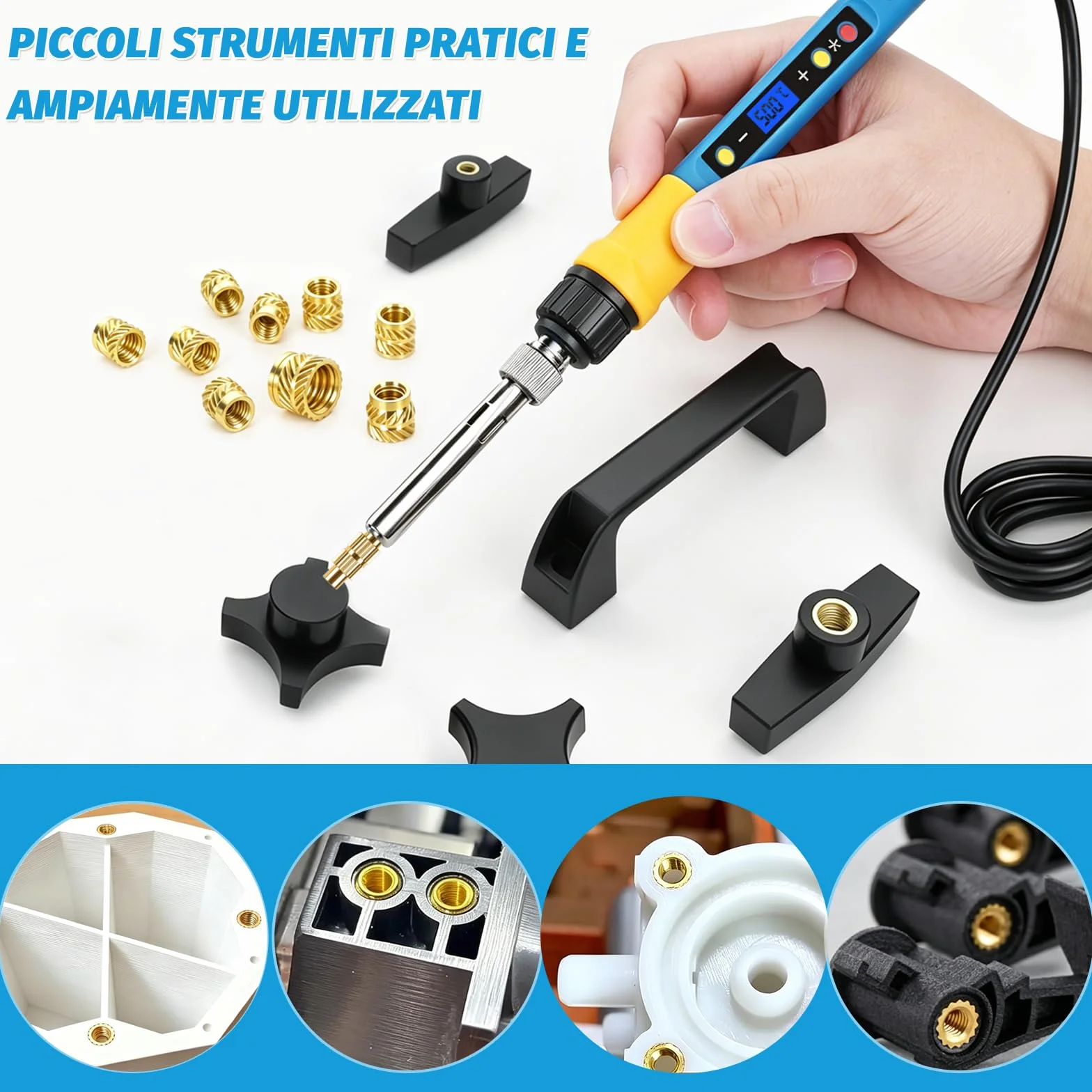 Inserti Filettati 400 pz con Saldatore 80W, Temperatura Regolabile 180–500°C, 7 Punte, M2/M2.5/M3/M4/M5/M6/M8 per Stampa 3D e Plastica